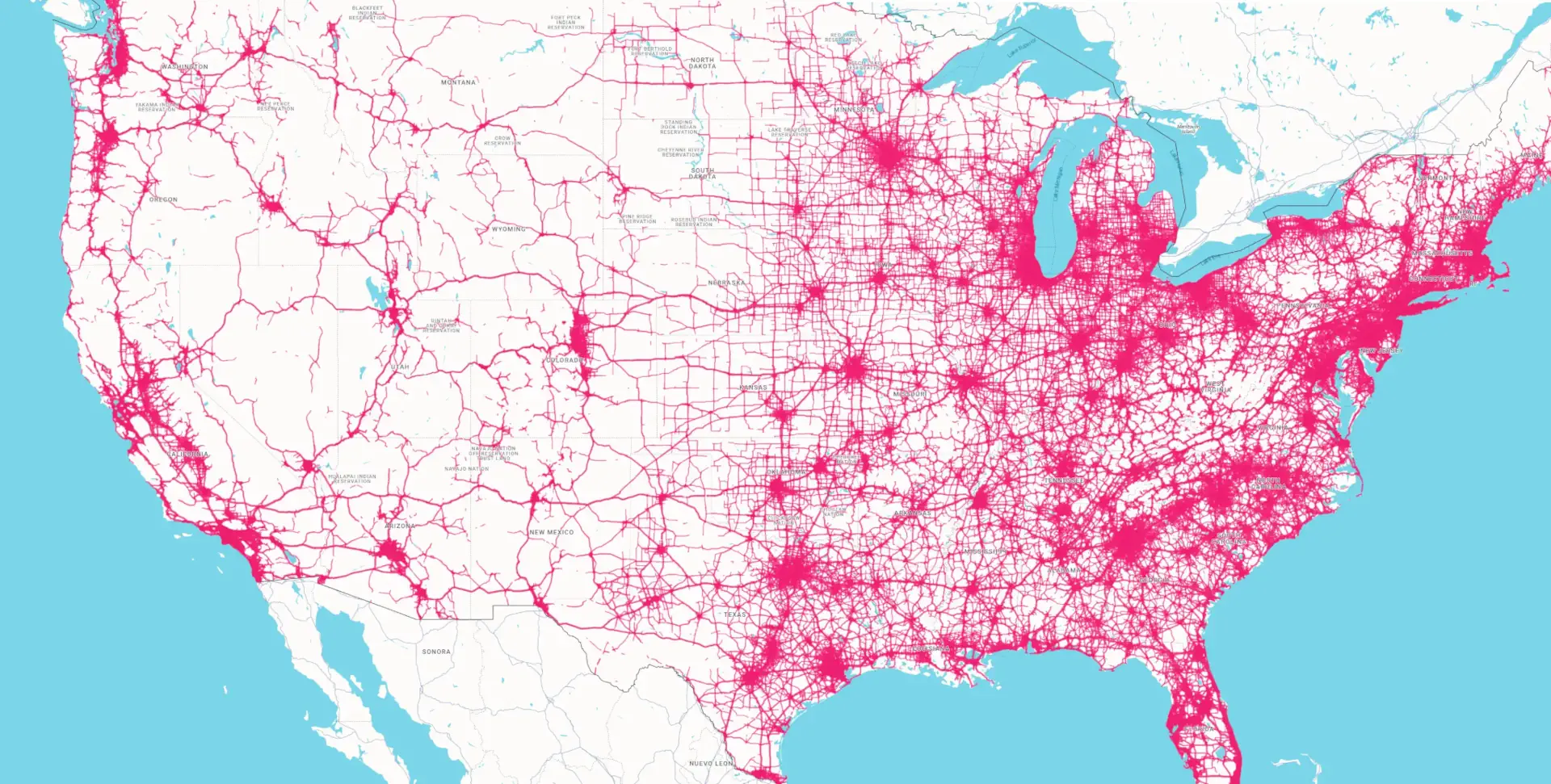 Map of the United States road network measured by TrafficZoom, with traffic-carrying roads highlighted across all 50 states