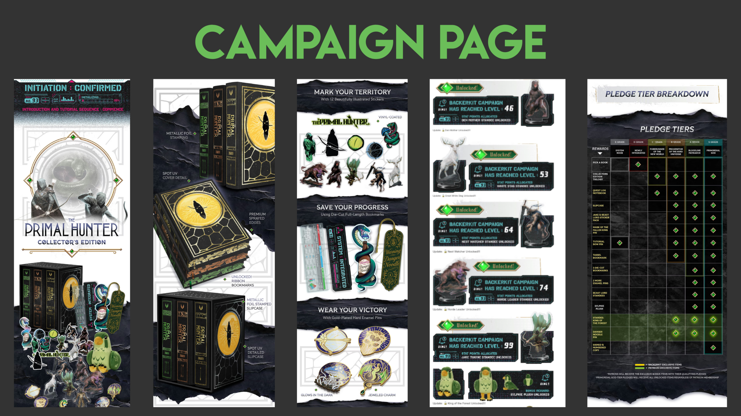 Some images showing the campaign page for the crowdfund marketing of the Primal Hunter