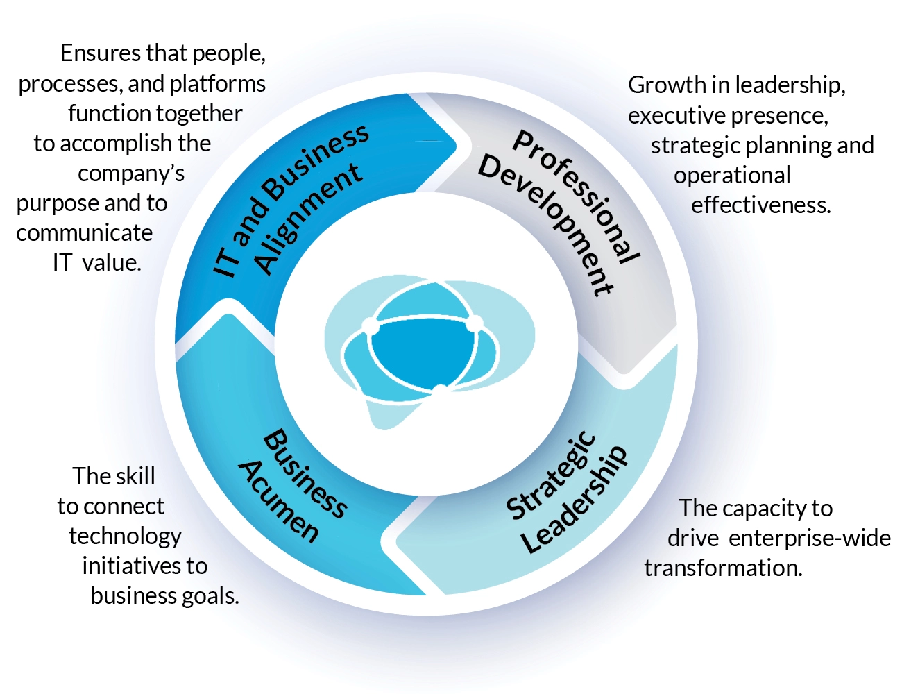 The four value drivers: business acumen, strategic leadership, professional development, and IT and business alignment