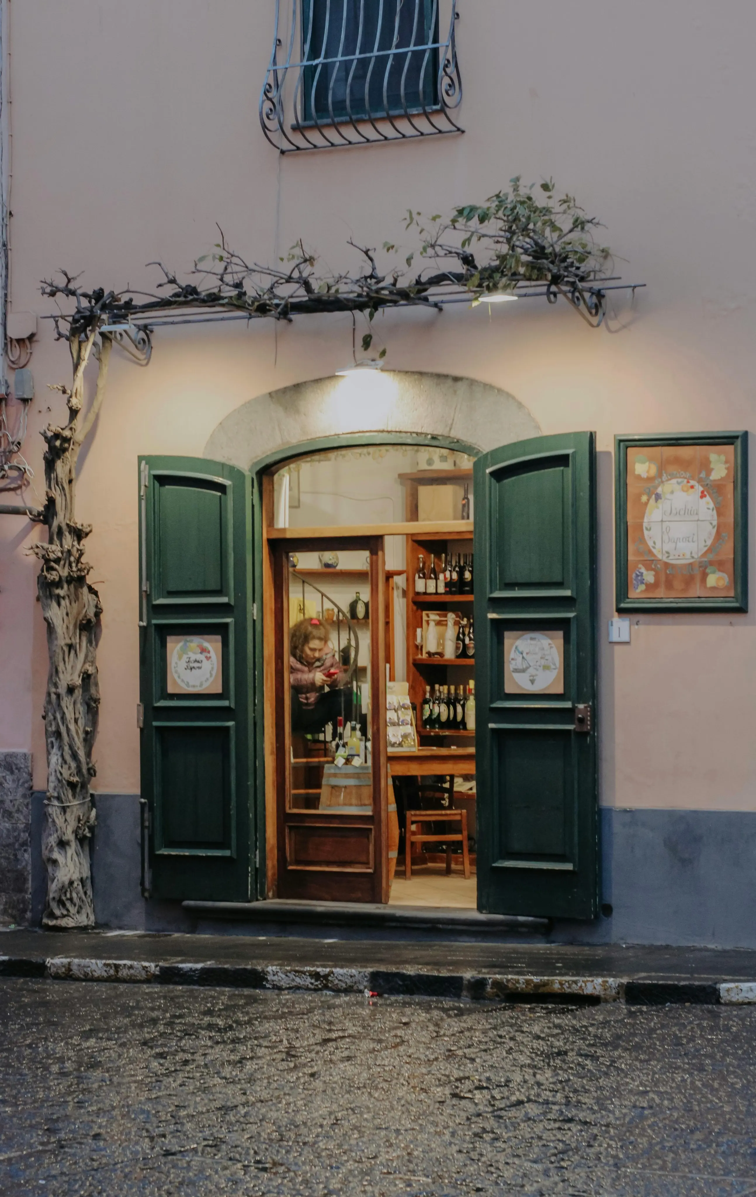 View of an open shop entrance with dark green shutters and a person inside using a phone, shelves with bottles, and a spiral staircase.