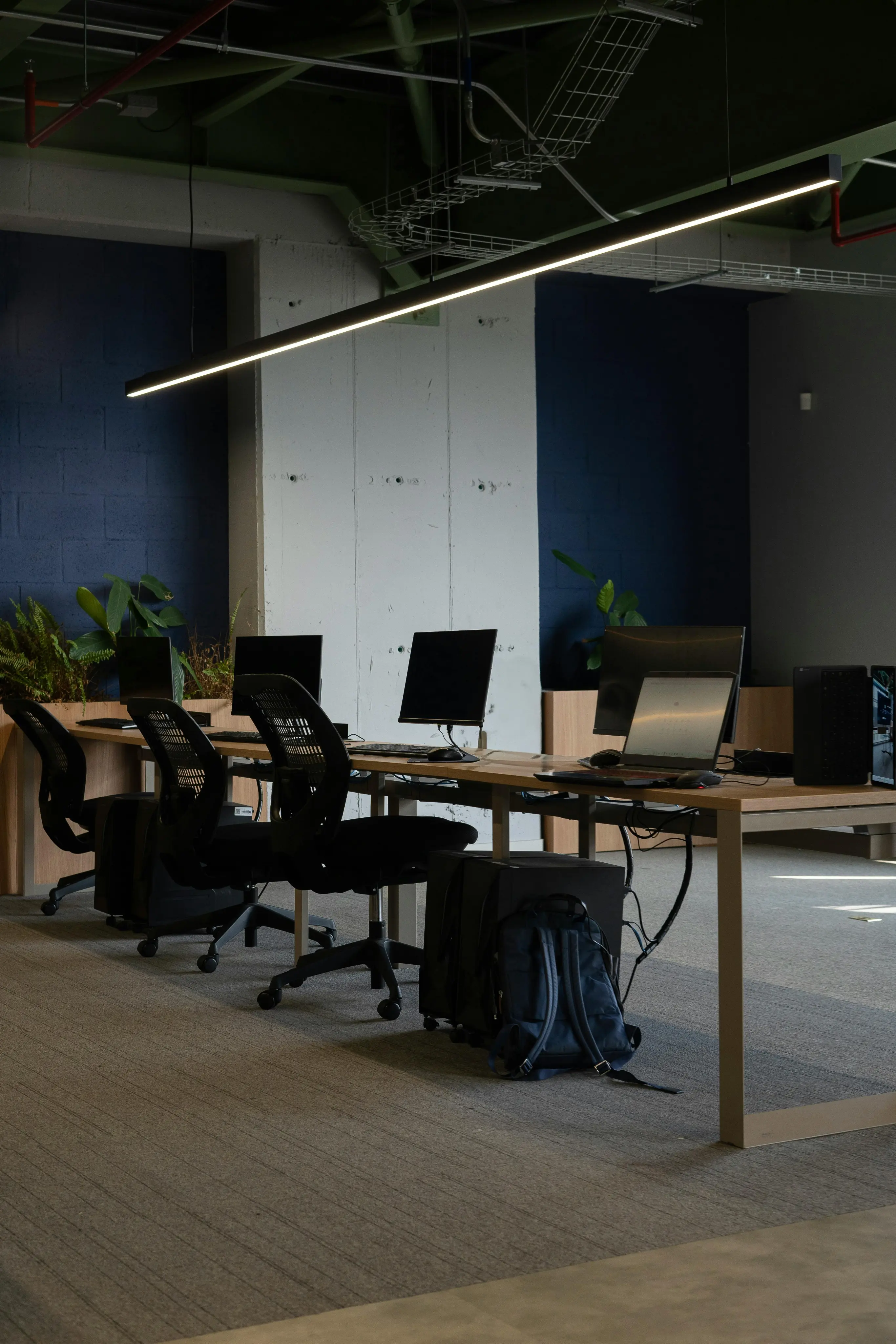 Modern office space with a long wooden desk, three black mesh office chairs, computer monitors, and a hanging linear light fixture.
