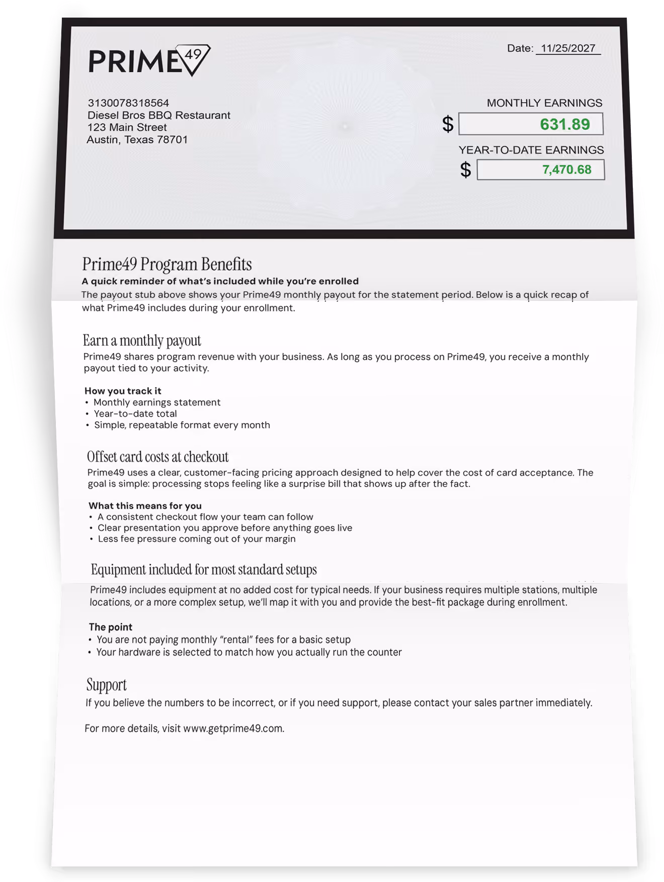 Sample Prime49 monthly earnings statement