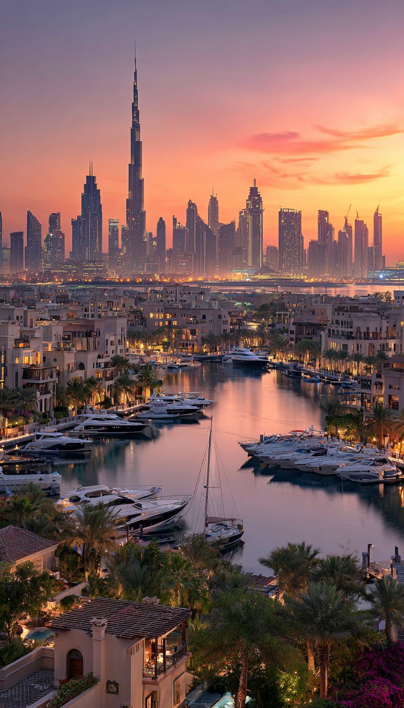 Dubai skyline at sunset with Burj Khalifa towering over illuminated waterfront marina and yachts.