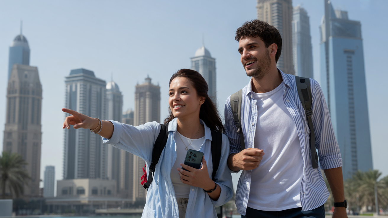 A smiling young woman points ahead while holding a phone, standing next to a young man with backpacks in a cityscape with tall modern buildings.