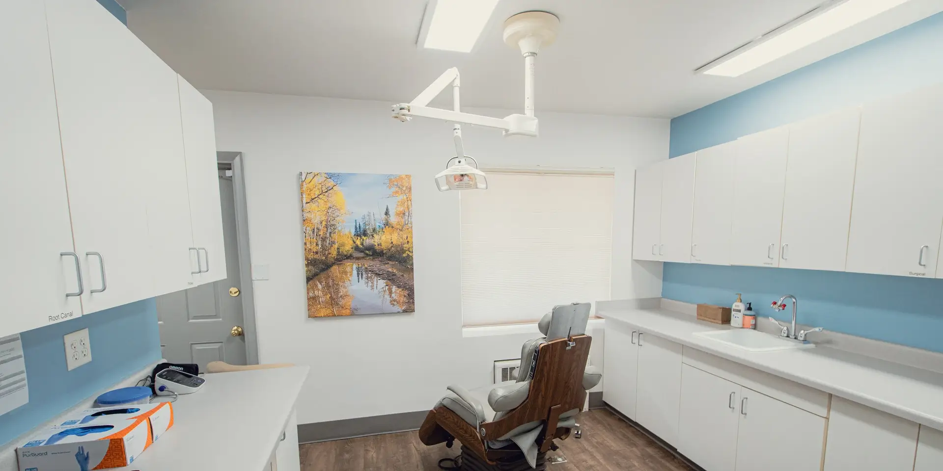 Clean dental exam room with white cabinets, a gray dental chair, overhead dental light, and a landscape painting on the wall.