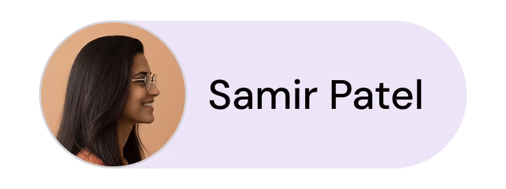 Profile photo of a smiling woman with glasses in front of beige background next to the name Samir Patel.