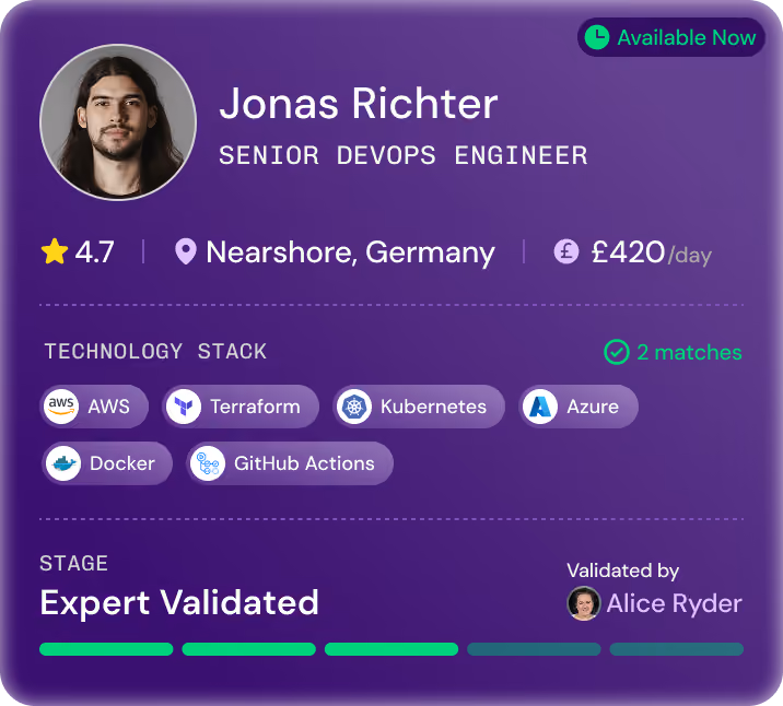 Profile card of Jonas Richter, Senior DevOps Engineer in Nearshore, Germany, with 4.7 rating and £420/day rate.
