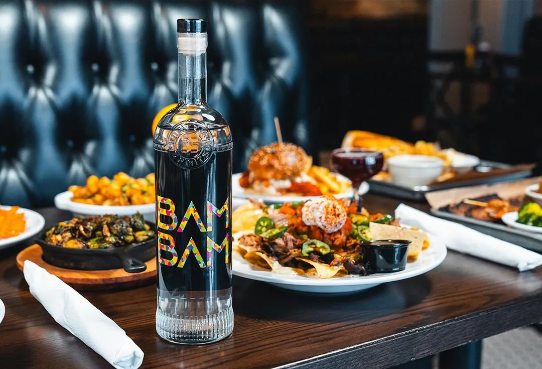 Bam Bam Vodka and a cheeseburger at Junction 35 Spirits in Pigeon Forge, Tennessee.