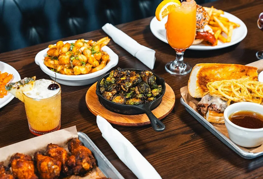 A table covered in food selections at Junction 35 Spirits in Pigeon Forge, Tennessee.