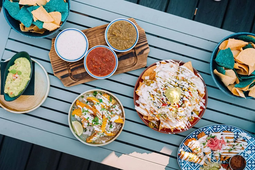 Food and appetizers served on the rooftop bar at Azul Cantina in Pigeon Forge, Tennessee