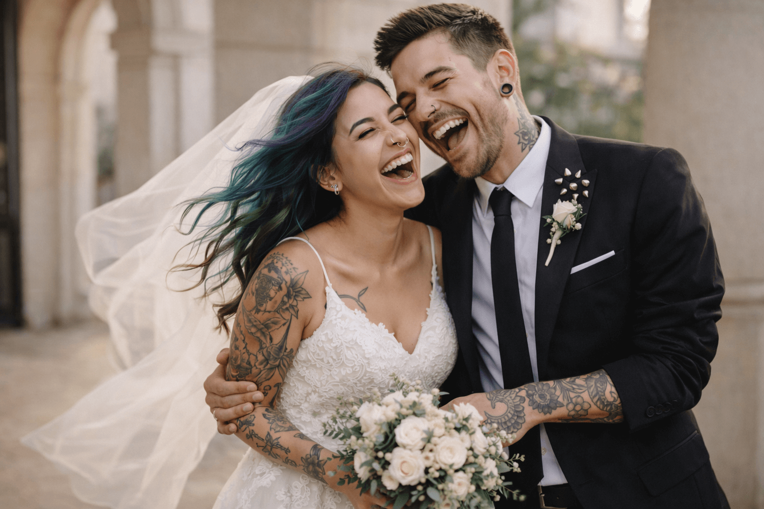 Laughing newlywed couple with tattoos, the bride in a white lace dress holding a bouquet and the groom in a black suit with a boutonniere.