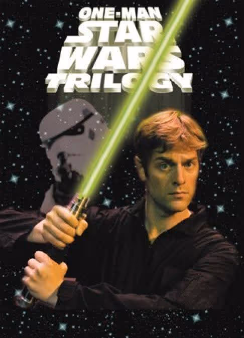 A man holding a green lightsaber in a starry background with text 'One-Man Star Wars Trilogy'.