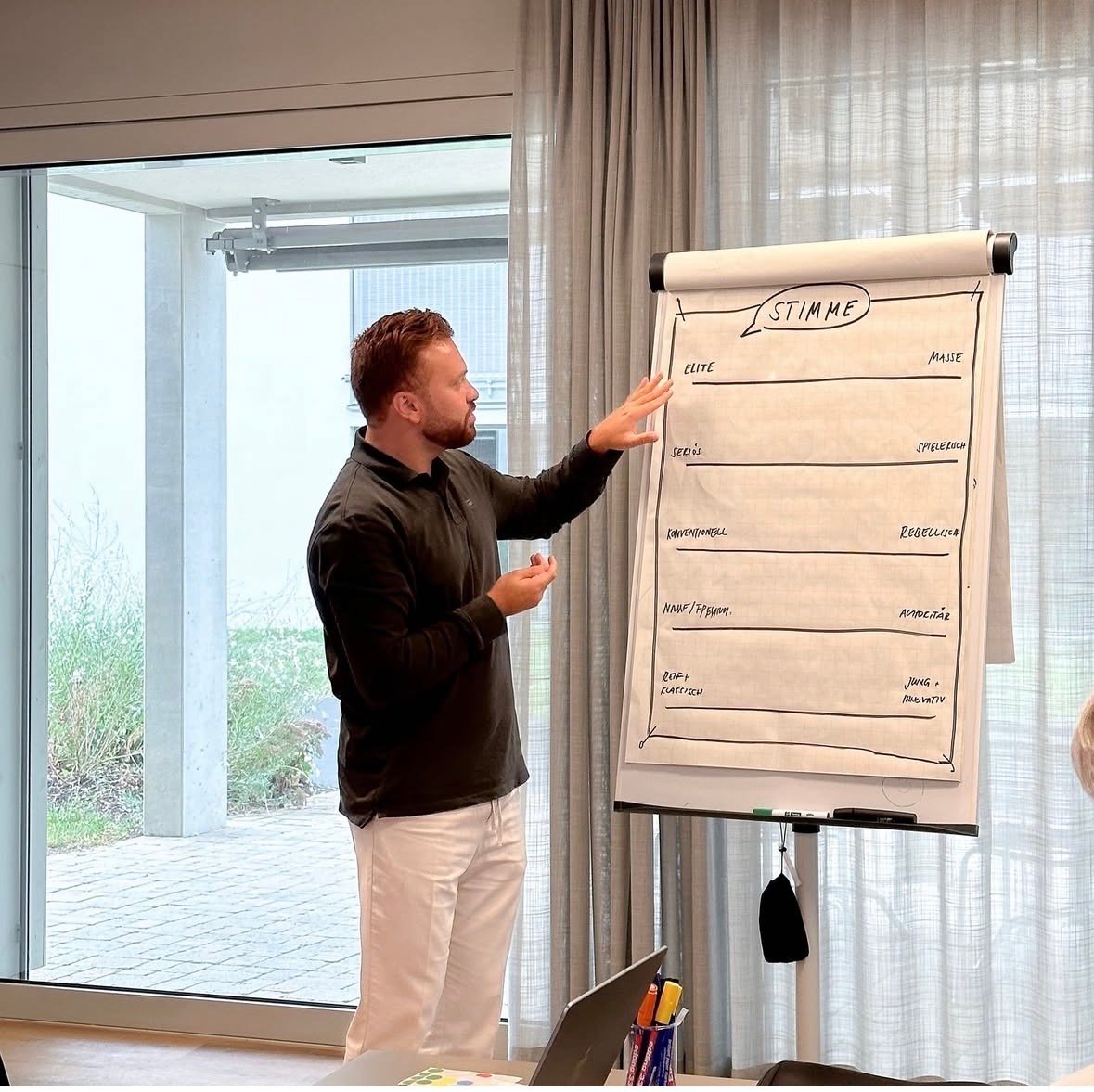 Man in black shirt and white pants pointing to a flip chart with a diagram labeled 'STIMME' in a modern office space with large windows and curtains.