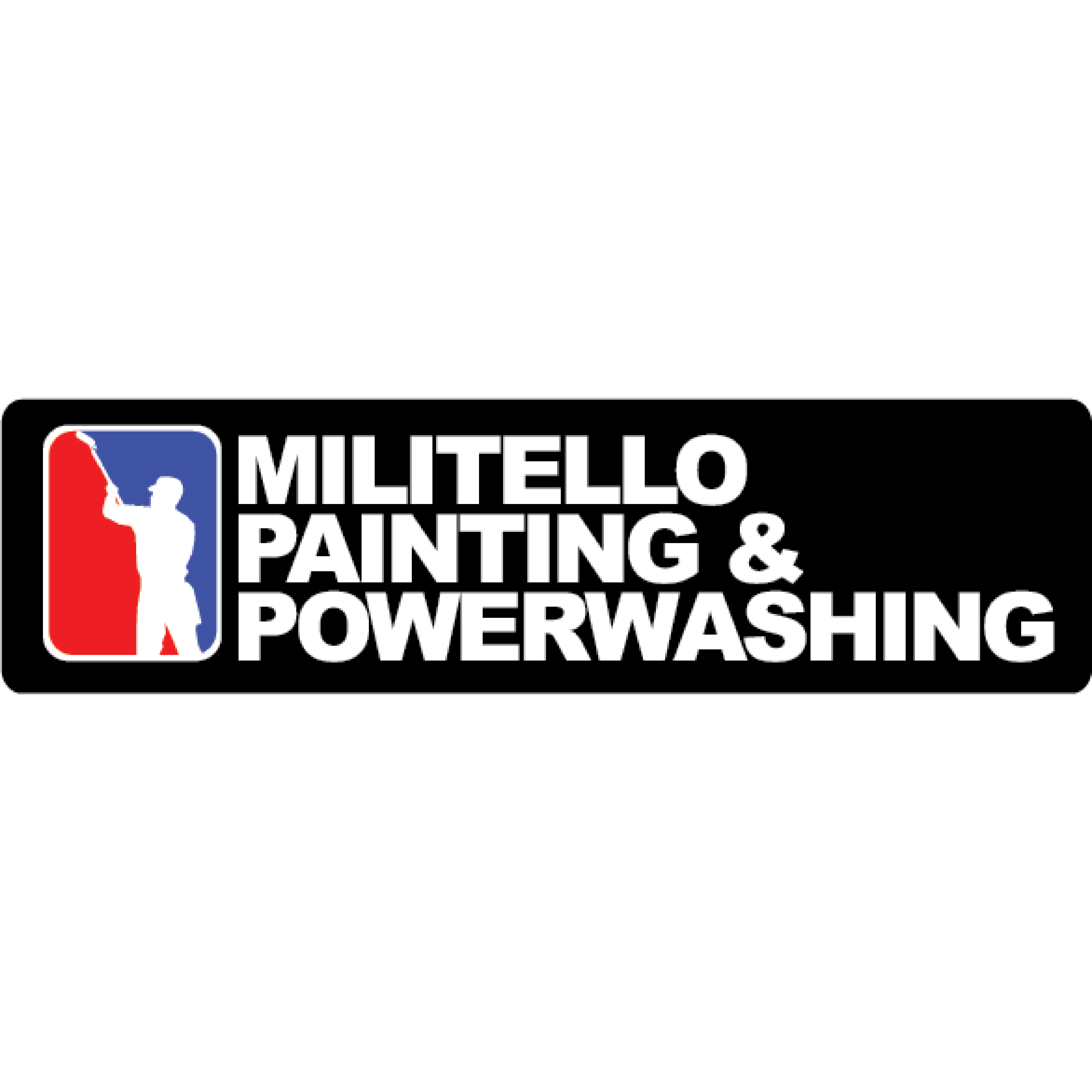 Logo featuring a white silhouette of a painter with a roller brush inside a red and blue rectangular frame next to the text 'Militello Painting & Powerwashing' in bold white letters on a black background.