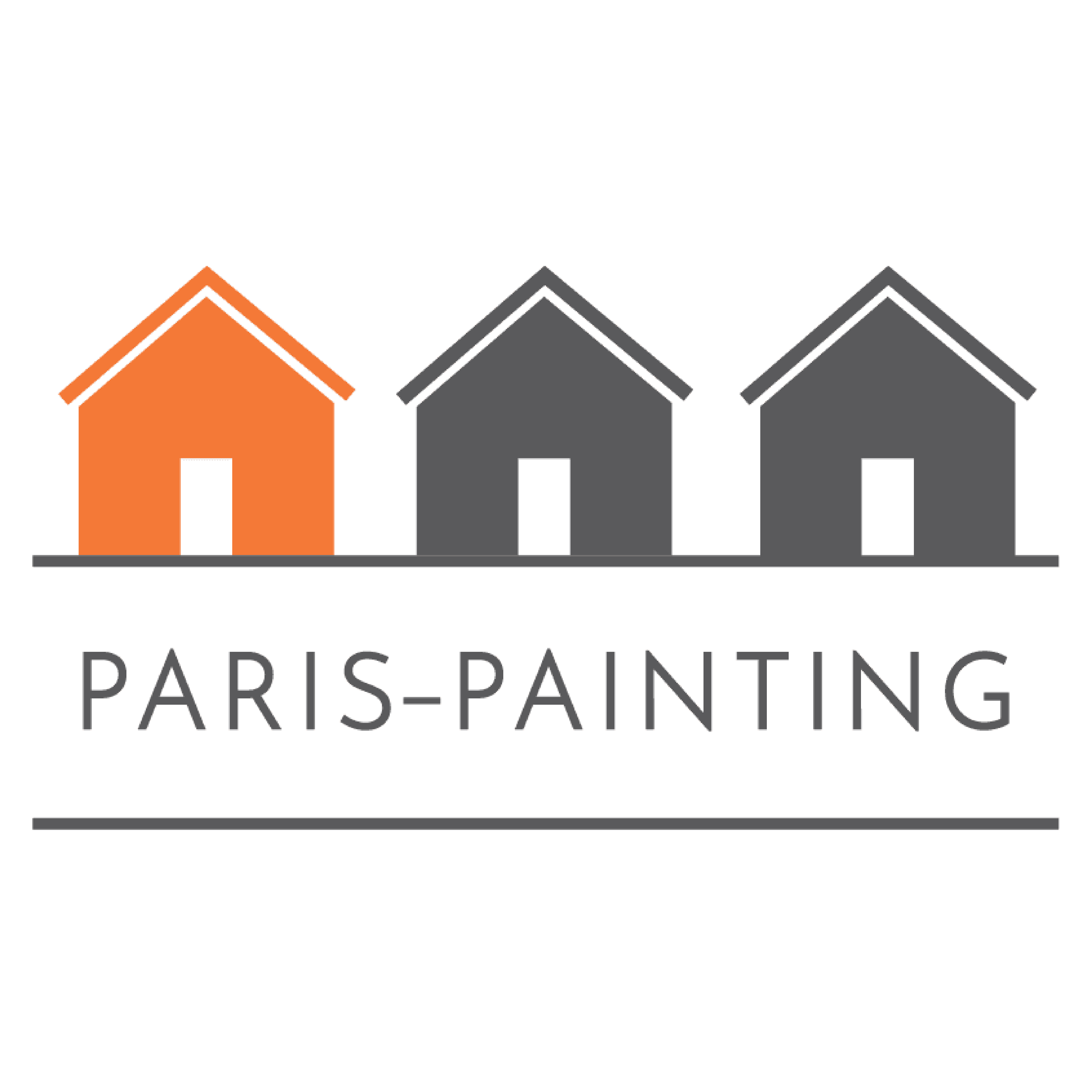 Logo with three house icons in a row, the first house is orange, the other two are gray, with the text 'PARIS-PAINTING' below.