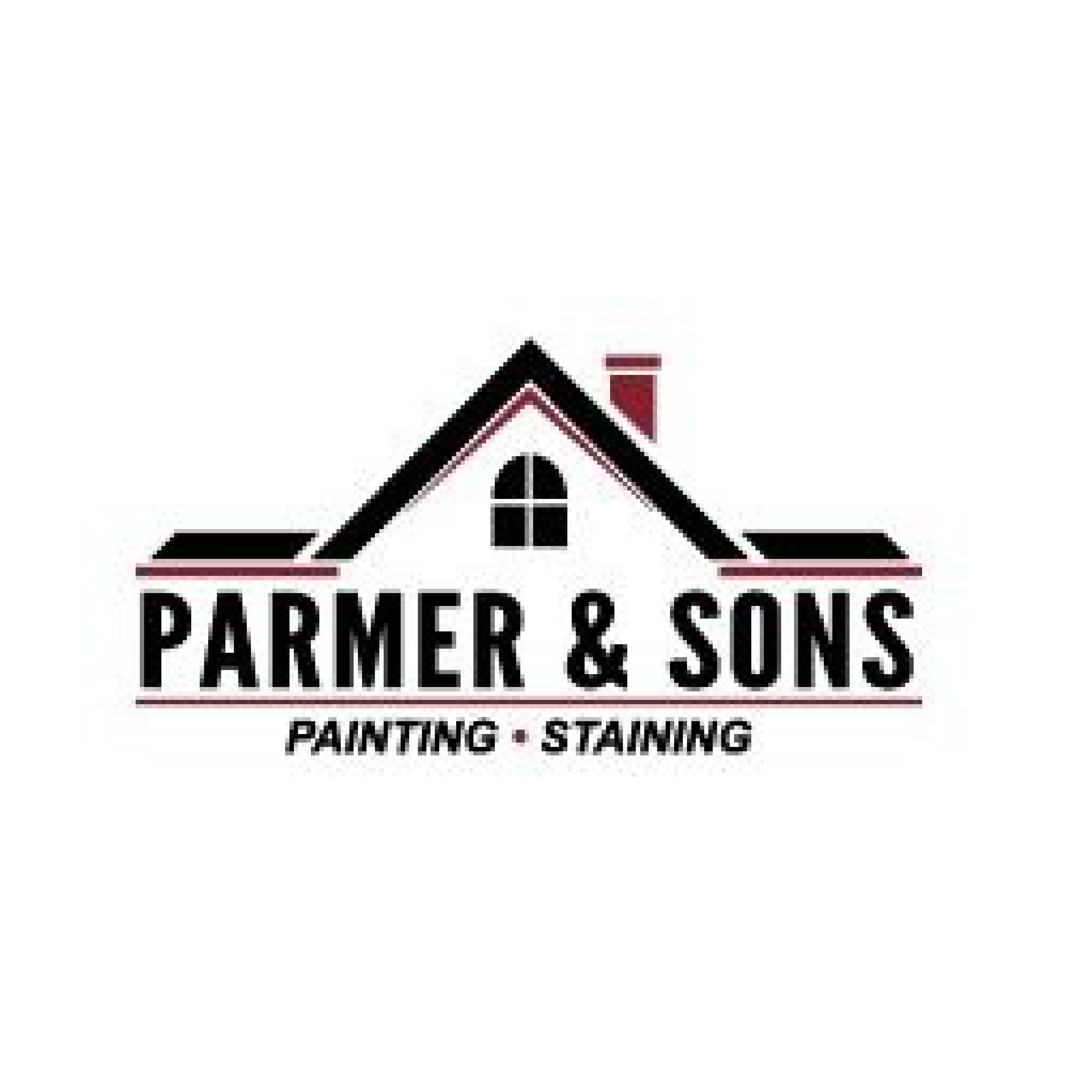 Parmer & Sons logo with a house roof, window, and chimney icon above the text Painting and Staining.