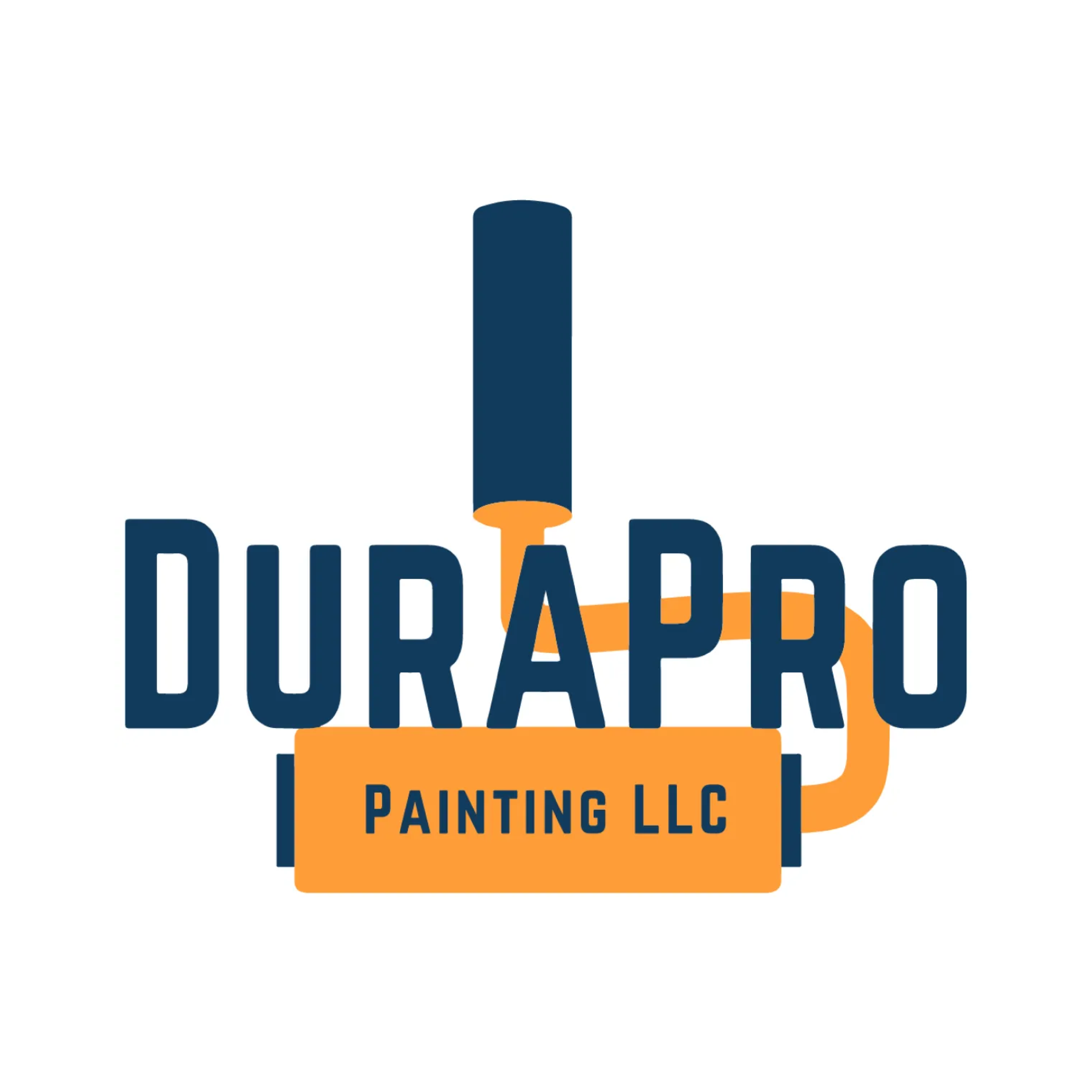 Logo of DuraPro Painting LLC with text integrated into an orange paint roller and navy blue paintbrush handle.