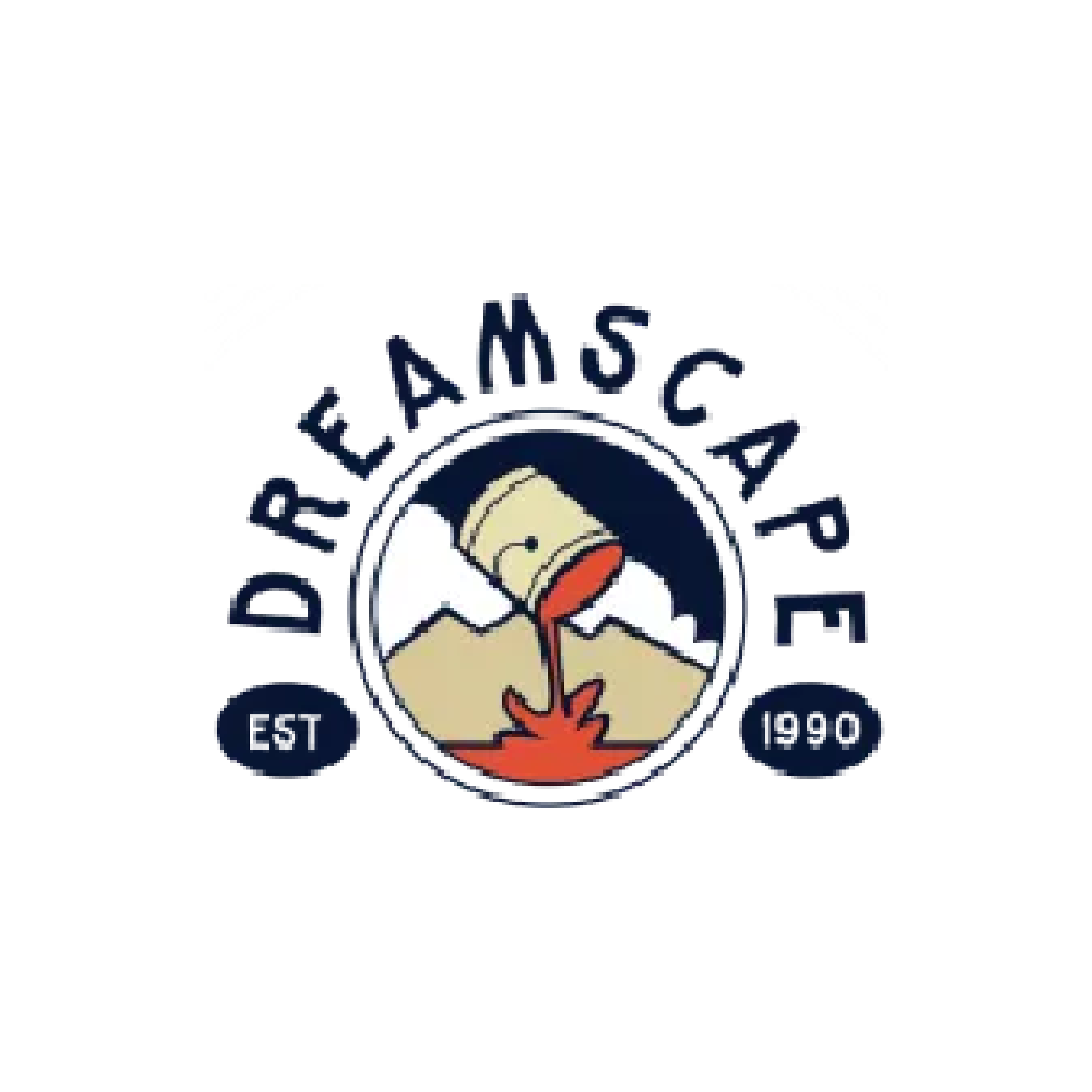 Logo featuring a paint bucket pouring red paint in front of beige mountains with white peaks, encircled by the word 'DREAMSCAPE' and small ovals containing 'EST' and '2023'.