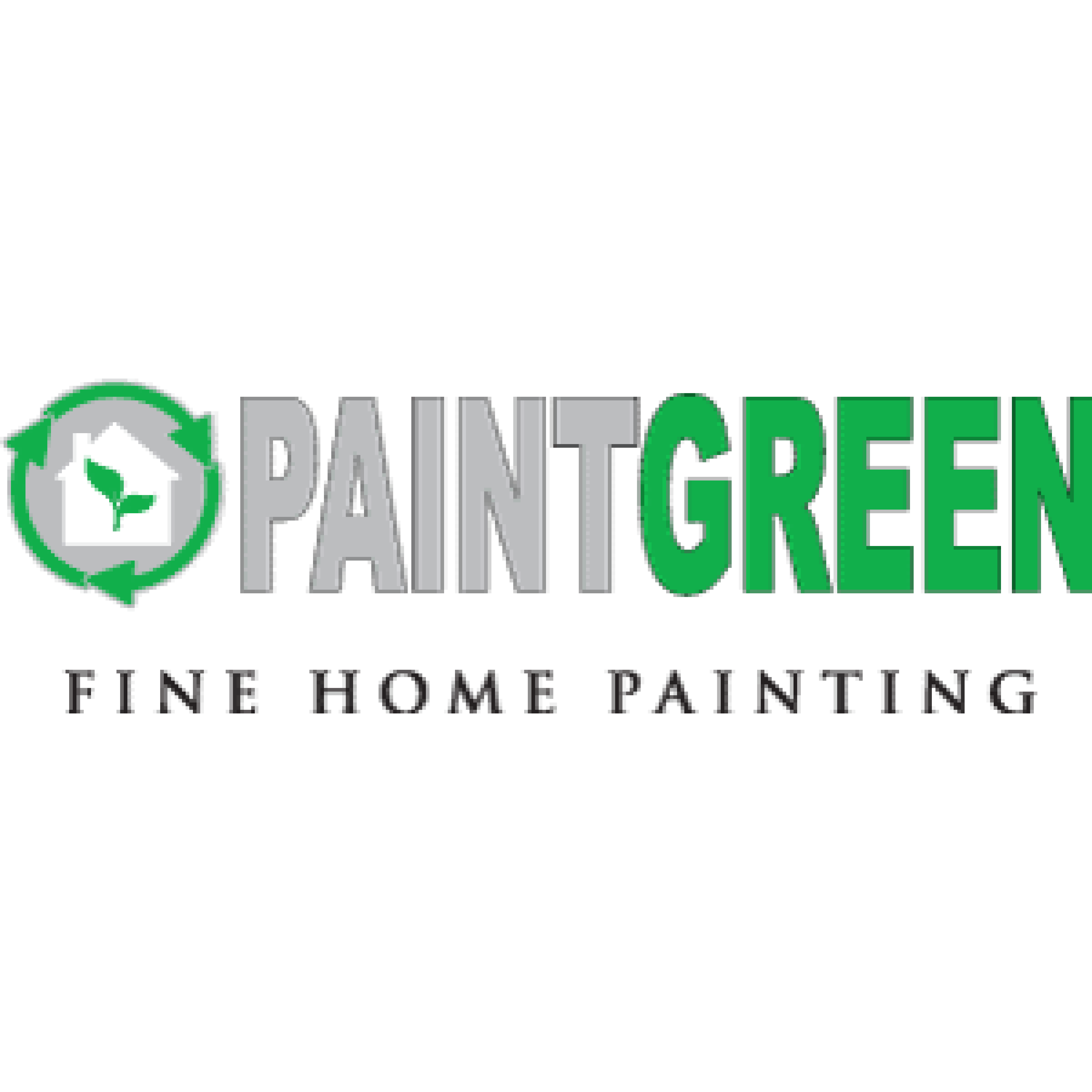 PaintGreen logo with a white house and leaf inside a green recycling arrows circle, text 'PAINT' in gray and 'GREEN' in green, with 'FINE HOME PAINTING' below.