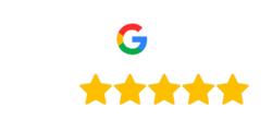Google logo above a 5.0 star rating with five yellow stars.