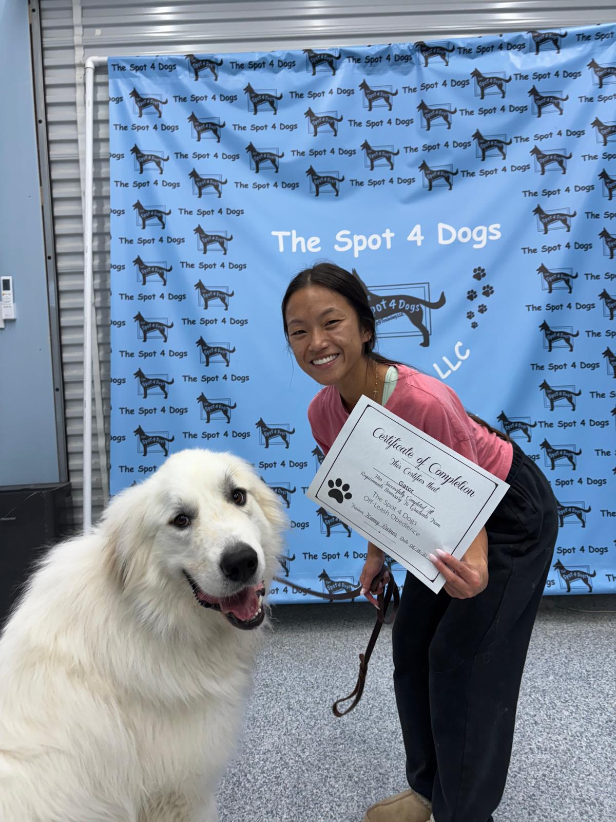 Smiling woman holding a certificate of completion next to a large white fluffy dog in front of a blue backdrop with The Spot 4 Dogs logo.
