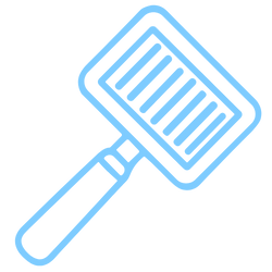 Blue silhouette icon of a grill spatula with slotted head and handle.