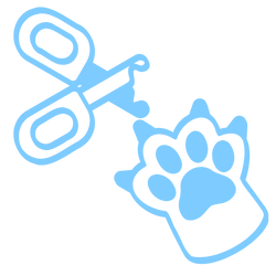 Blue outline illustration of scissors cutting a paw-shaped tag attached to a string.