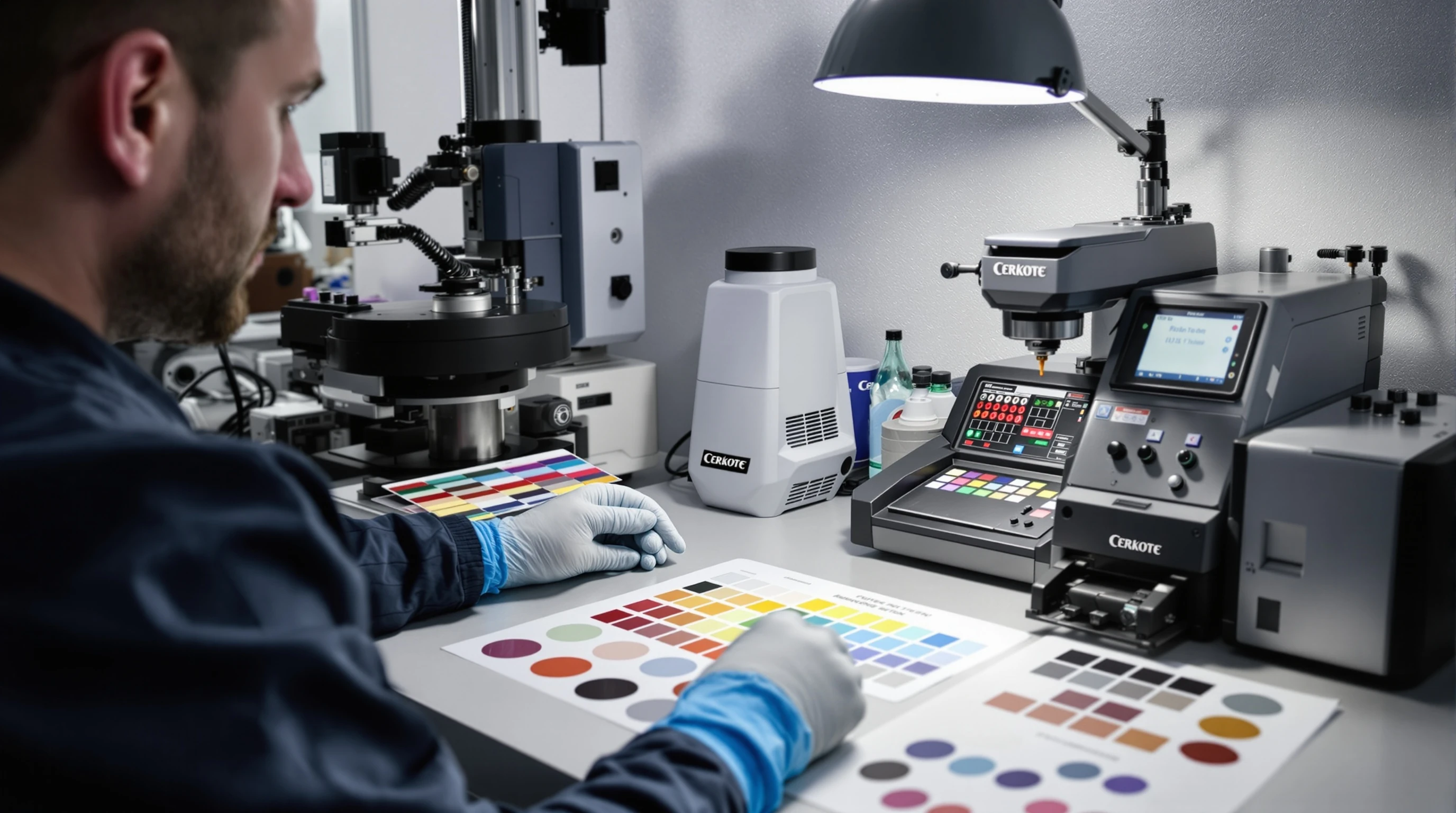 Cerakote color matching station with sample swatches