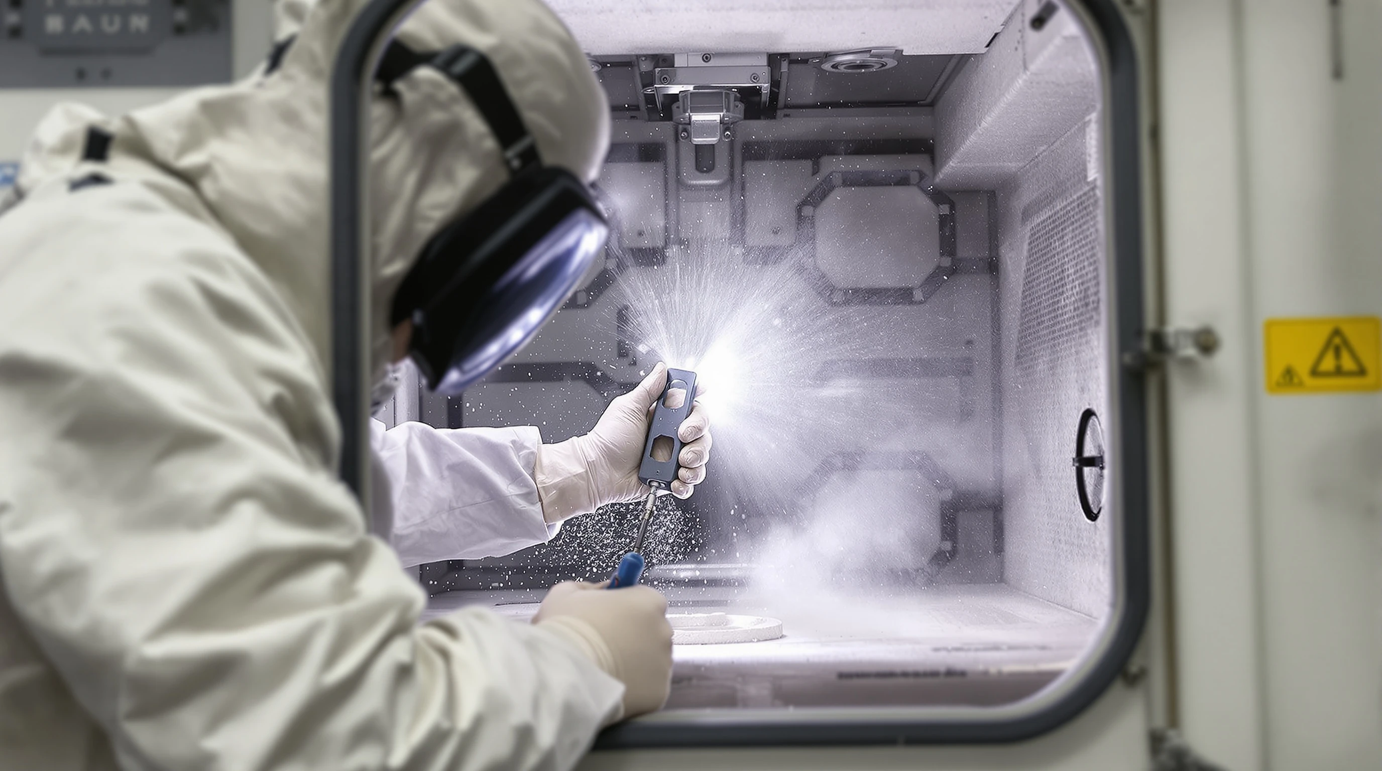 Technician in sandblasting booth preparing parts for Cerakote coating