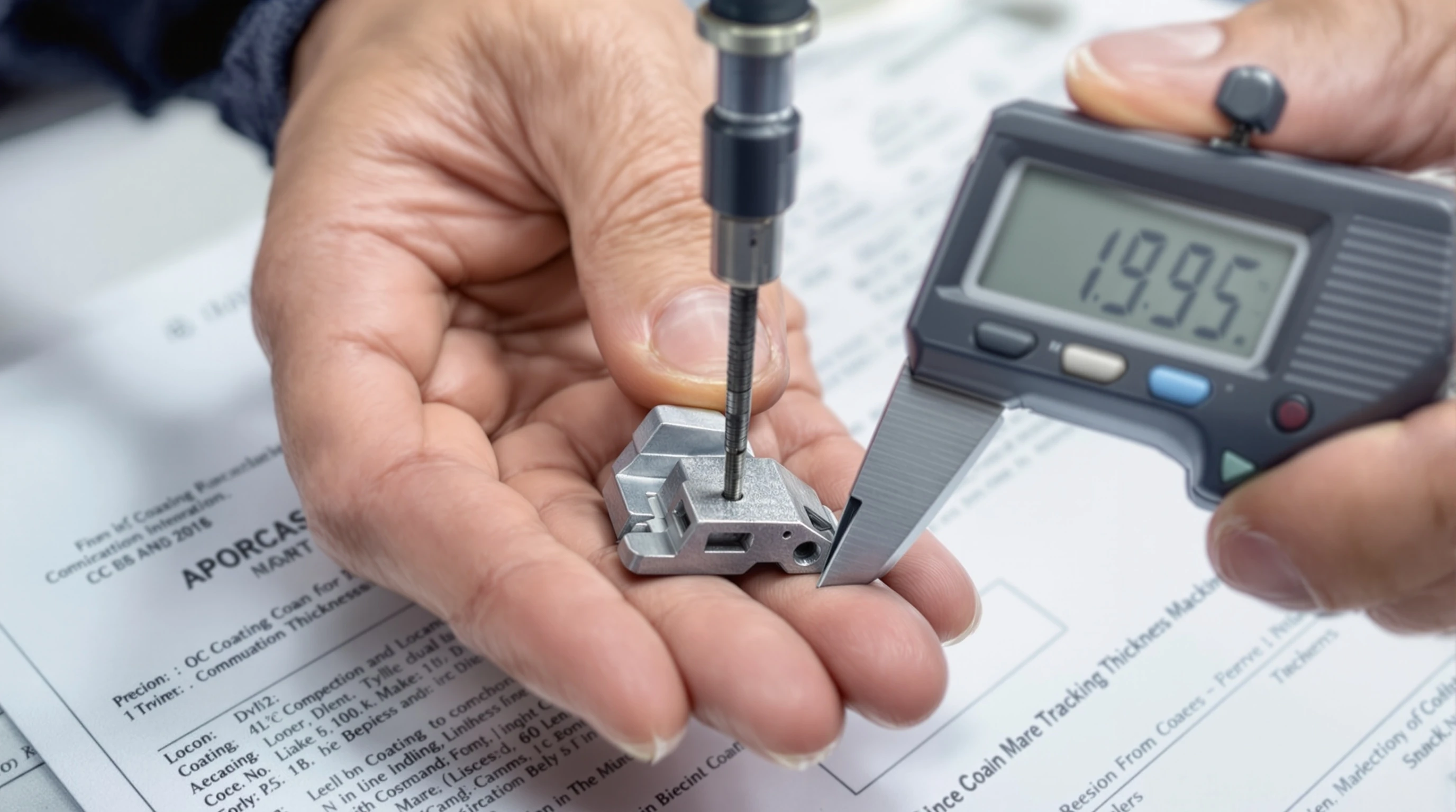 Technician measuring Cerakote coating thickness with precision gauge
