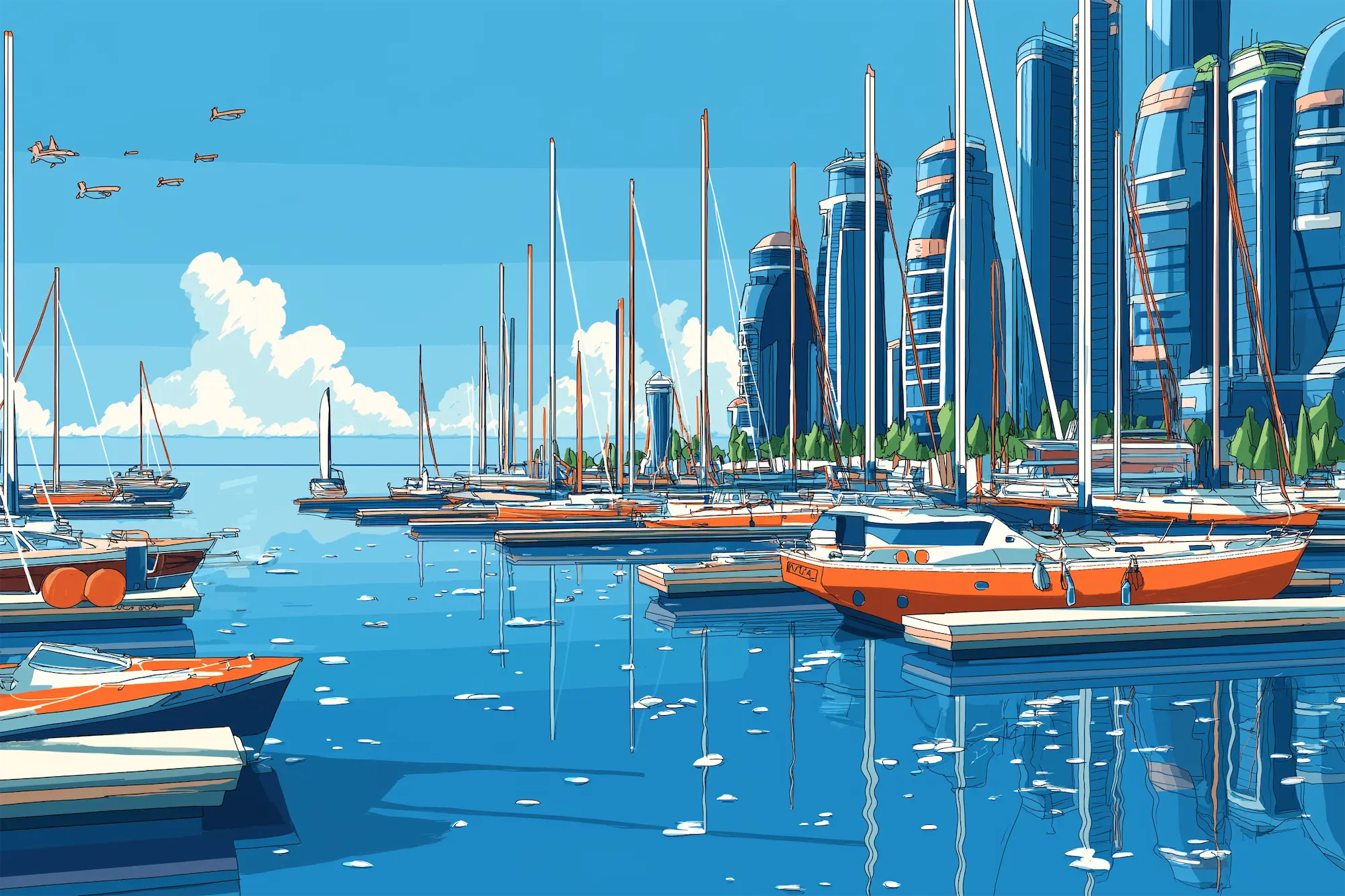 Illustration of a marina with sailboats docked on calm water reflecting a city skyline with tall modern buildings under a clear blue sky with clouds.