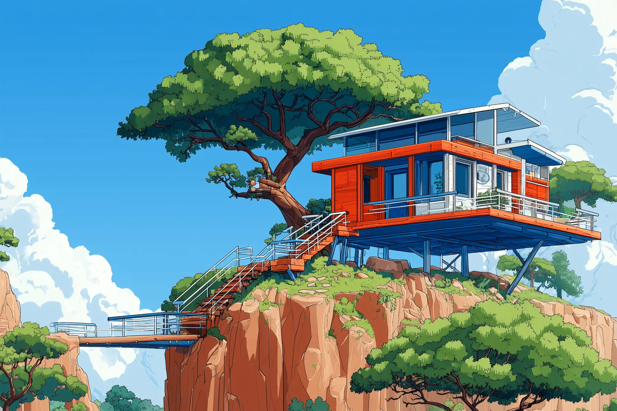 Modern orange and blue house perched on a rocky cliff surrounded by green trees under a bright blue sky.