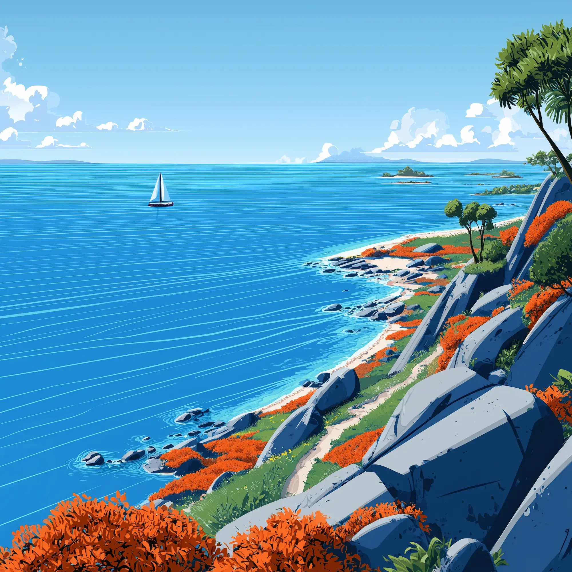 Sailboat on calm blue sea near rocky coastline with orange and green vegetation under a clear sky.