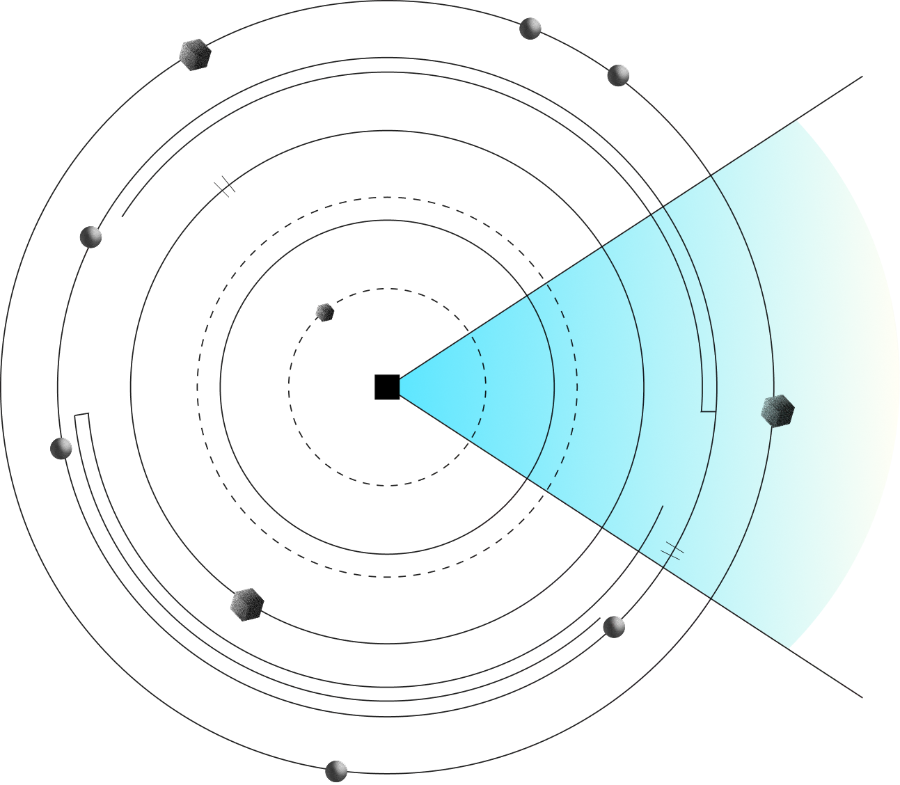 Black hexagonal central object projecting a blue triangular cone with concentric curved lines and small floating dark geometric shapes.