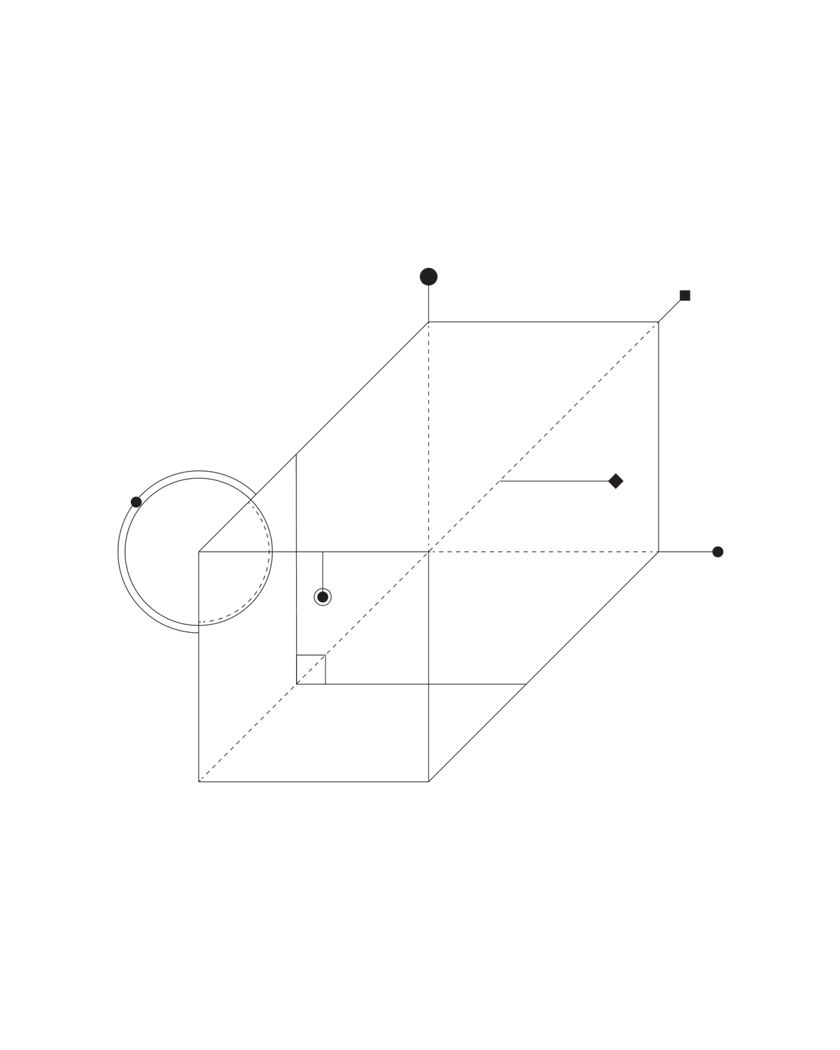 Geometric diagram showing a cube and circle with labeled points and lines indicating orthogonal projections and angles.