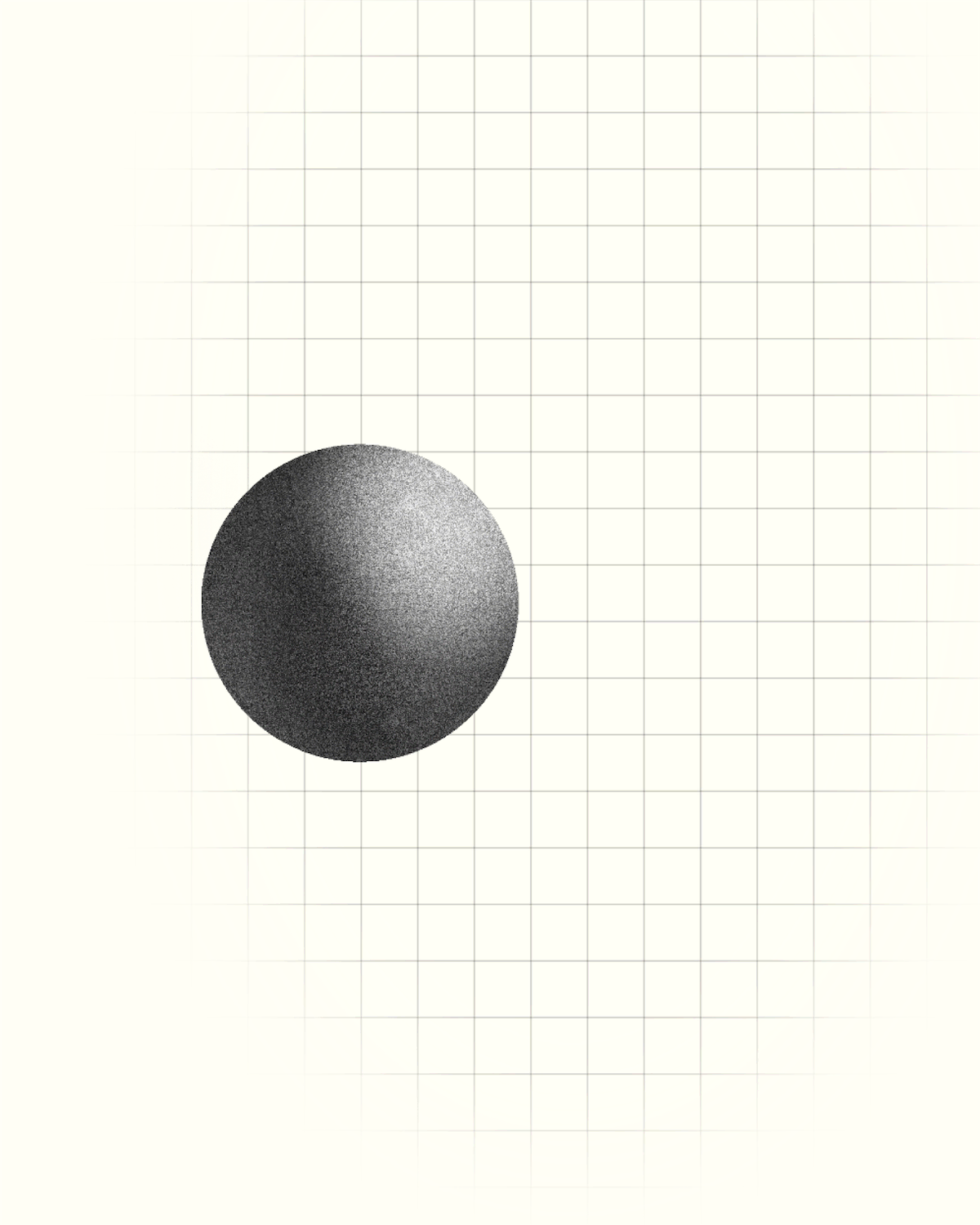 Shaded black sphere with a reflective highlight on a white grid background.
