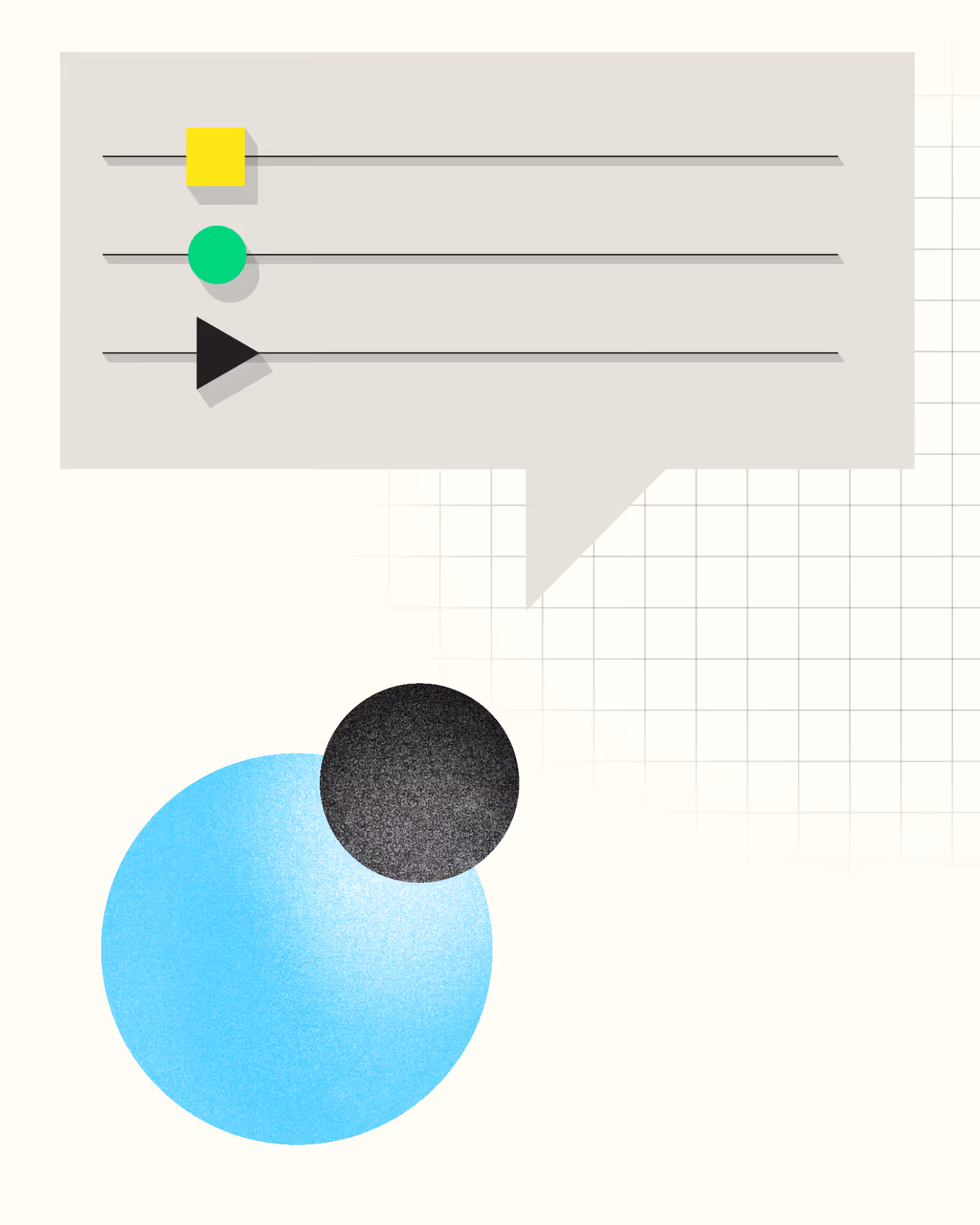 Graphic with a speech bubble containing three horizontal lines each starting with a yellow square, green circle, and black triangle, above two overlapping circles in blue and black on a light grid background.