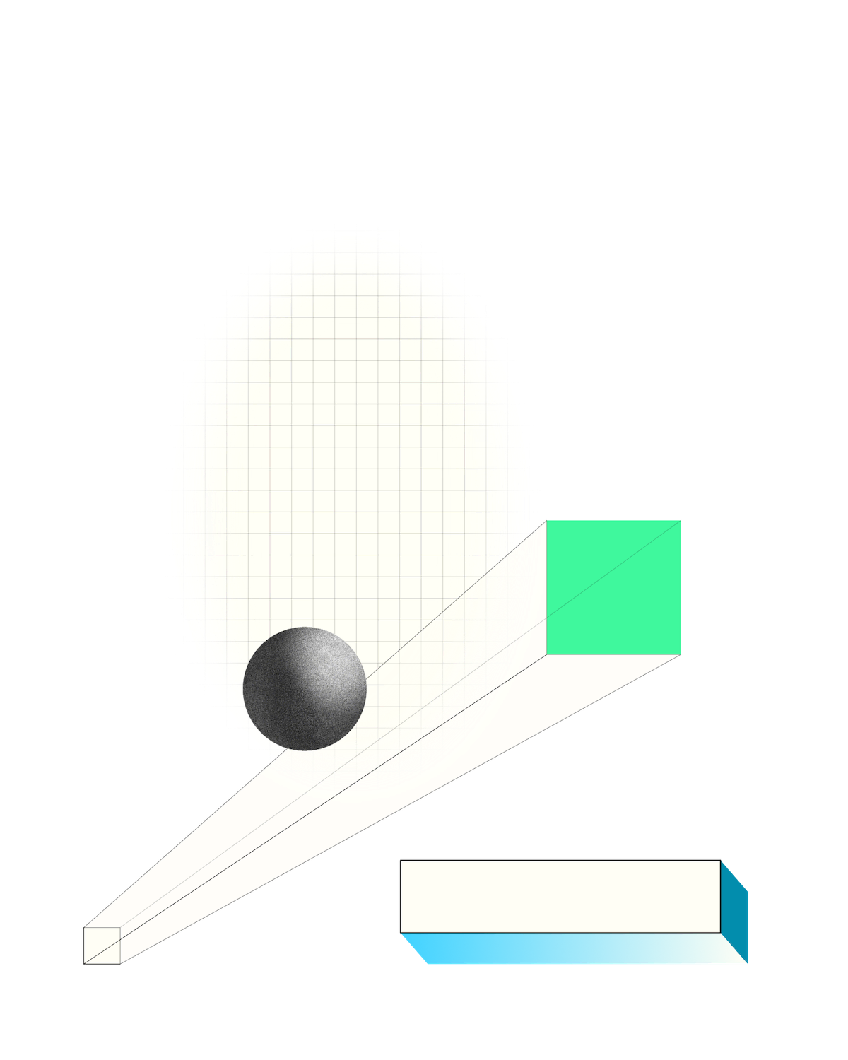 Illustration of a gray sphere rolling down a white incline with a grid-patterned large circle in the background and multi-colored abstract shapes below.