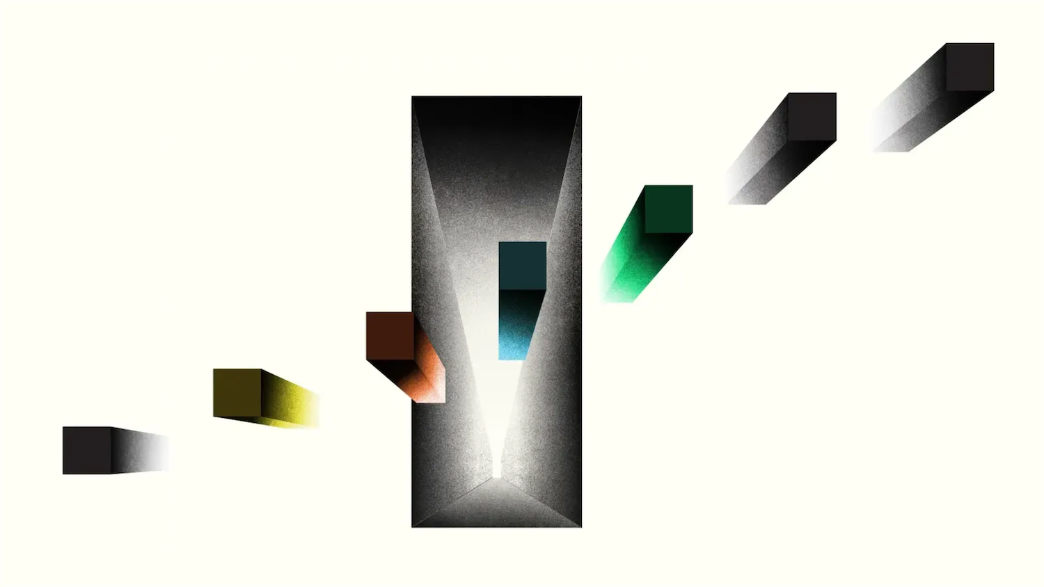 Abstract arrangement of shaded rectangular prisms in various colors floating around a central dark trapezoidal shape on a light background.