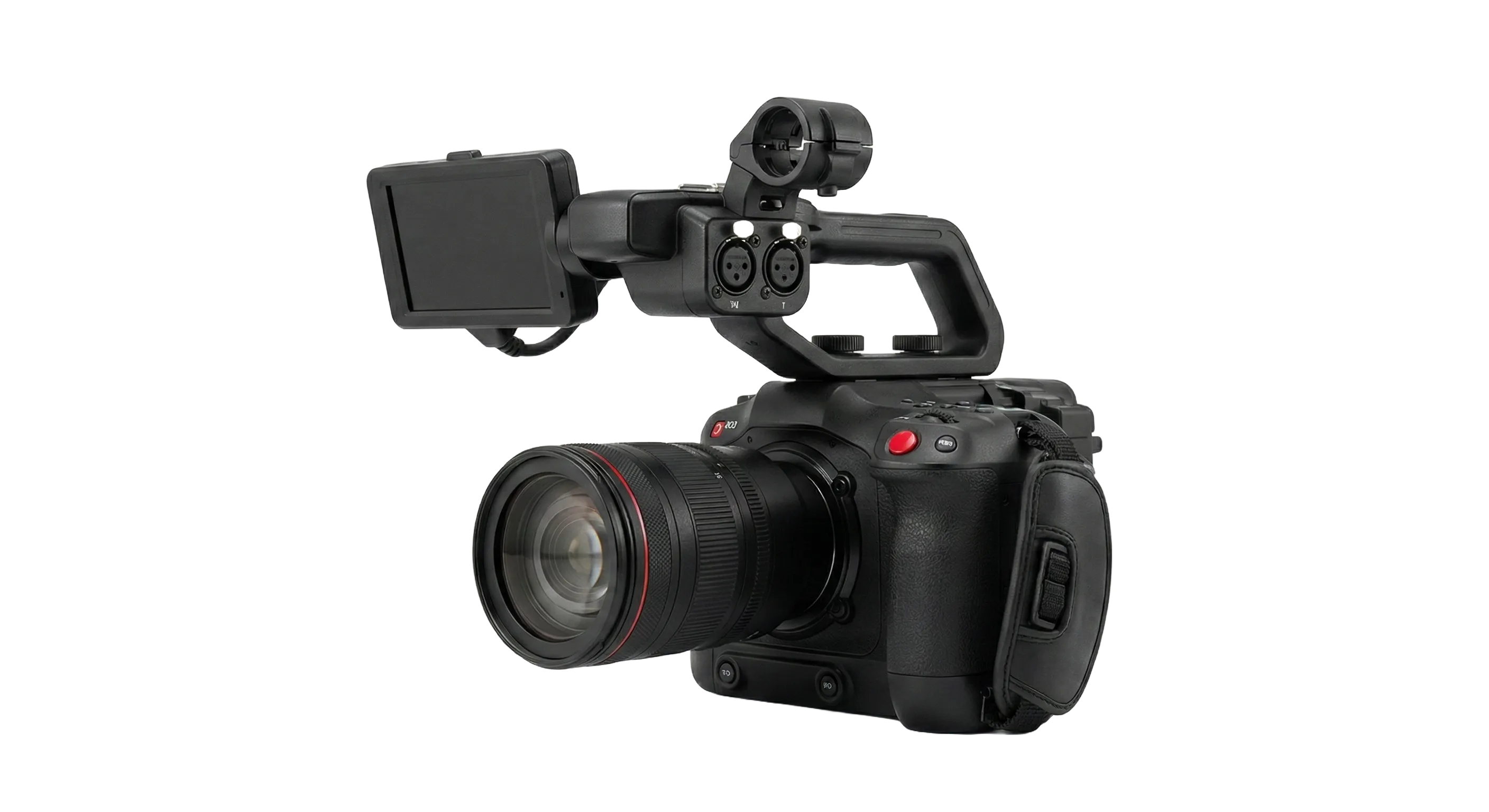Professional black video camera with lens, top handle, and attached flip-out LCD monitor.