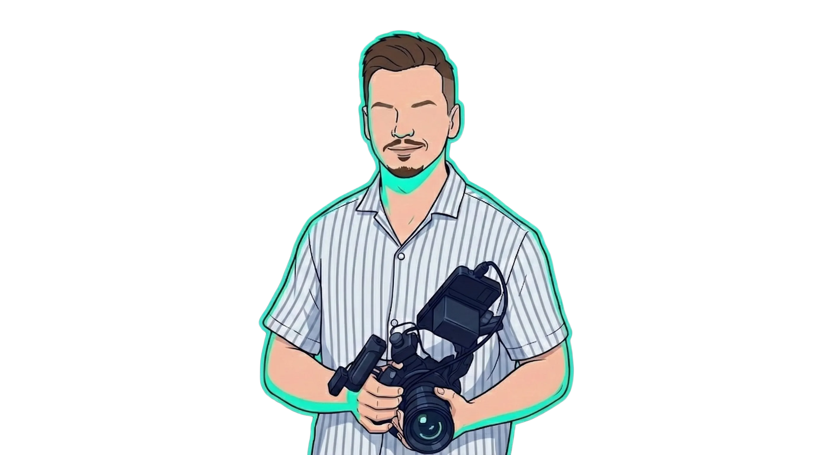 Illustration of a man in a striped shirt holding a professional video camera.