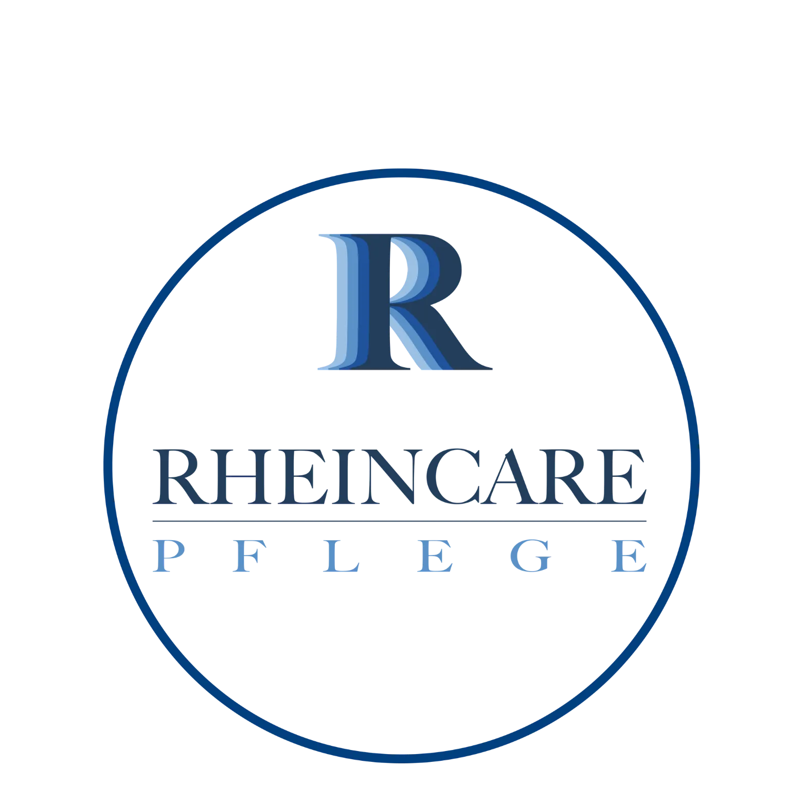 Blue circular logo with stylized letter R above 'RHEINCARE' and 'PFLEGE' separated by a horizontal line.