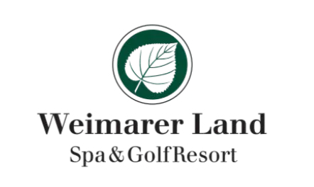 Logo of Weimarer Land Spa & Golf Resort with a stylized leaf inside a circle above the text.