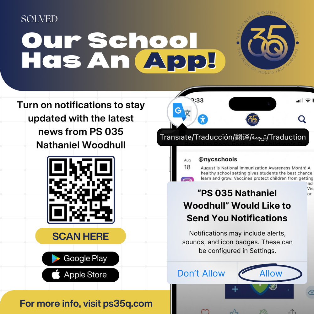 Promotional flyer announcing PS 035 Nathaniel Woodhull school app with QR code, app store buttons, and phone notification prompt for notifications.
