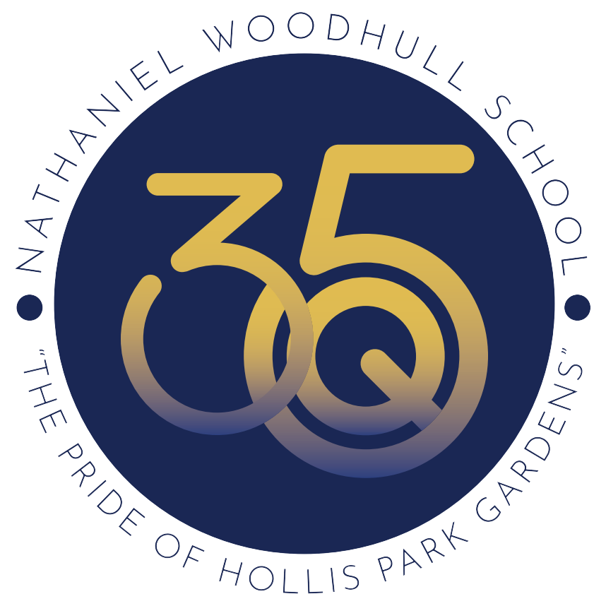 Circular logo with gold gradient numbers '35' in the center and text around the edge reading 'Nathaniel Woodhull School' and 'The Pride of Hollis Park Gardens' on a dark blue background.