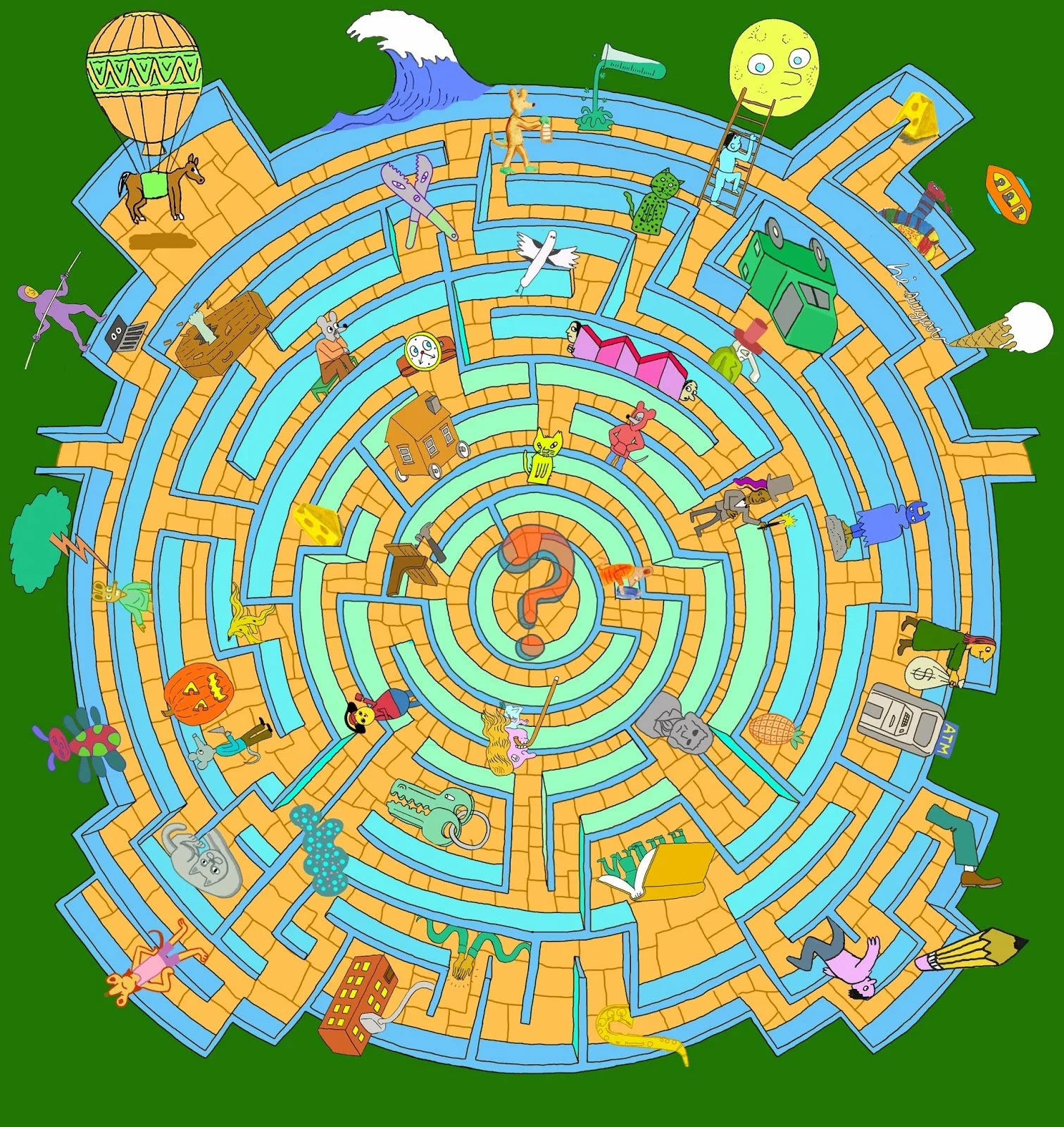 Colorful circular labyrinth maze with various whimsical characters and objects like a hot air balloon, chess pieces, animals, and food scattered throughout.