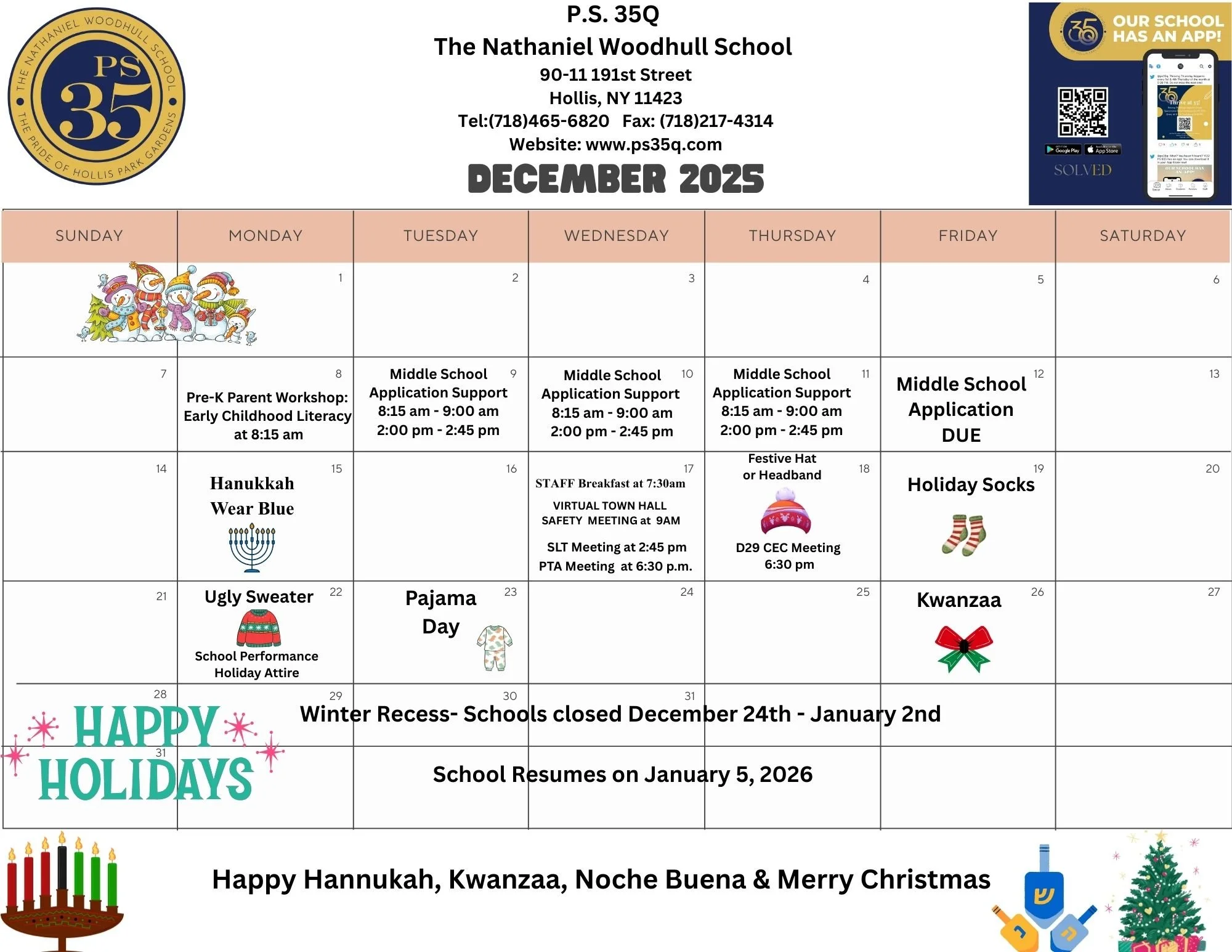 December 2025 calendar for P.S. 35Q Nathaniel Woodhull School showing events like Middle School Application Support, Hanukkah, Pajama Day, Kwanzaa, holiday attire days, and winter recess from December 24 to January 2.