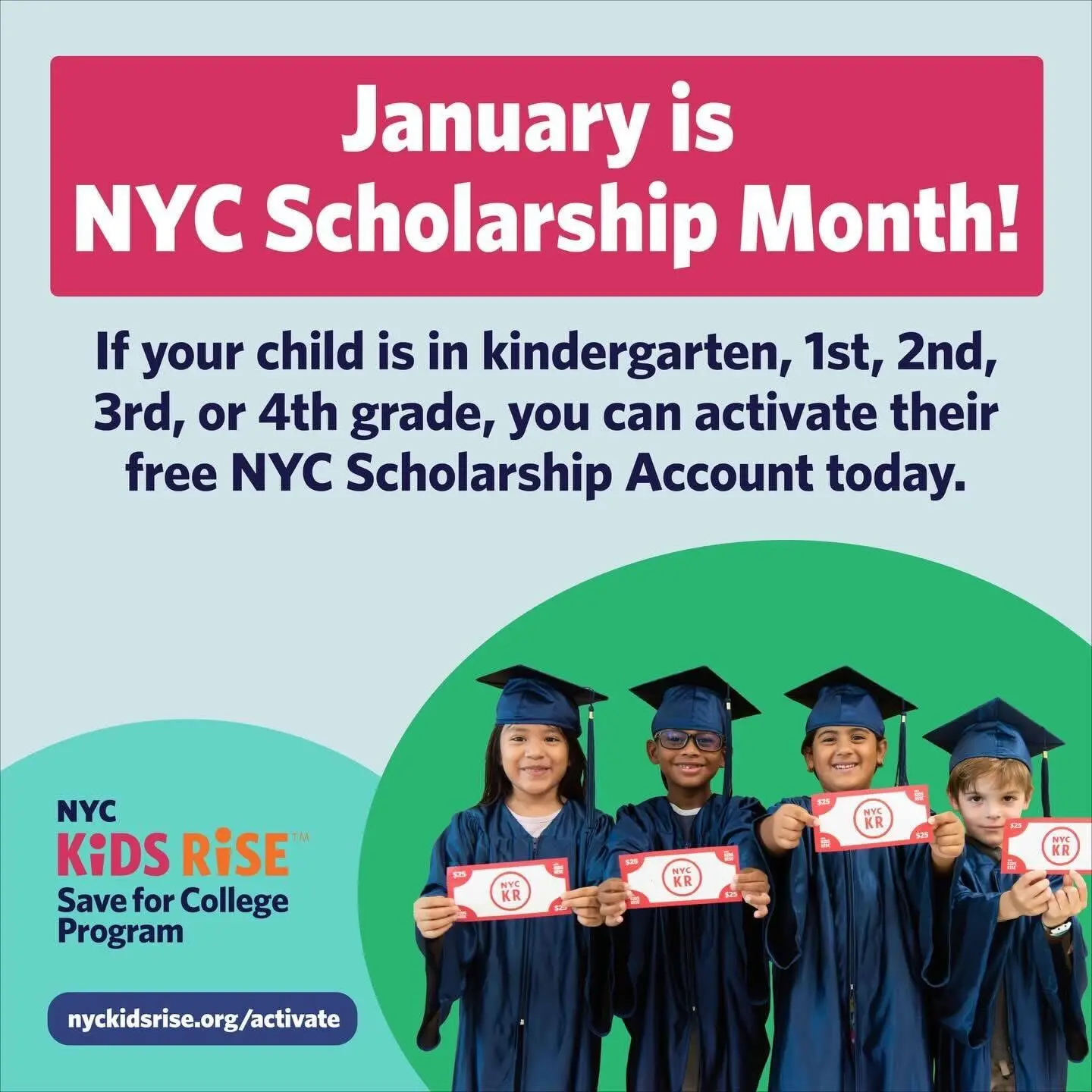 Four young students in graduation caps and gowns holding NYC Kids Rise scholarship vouchers