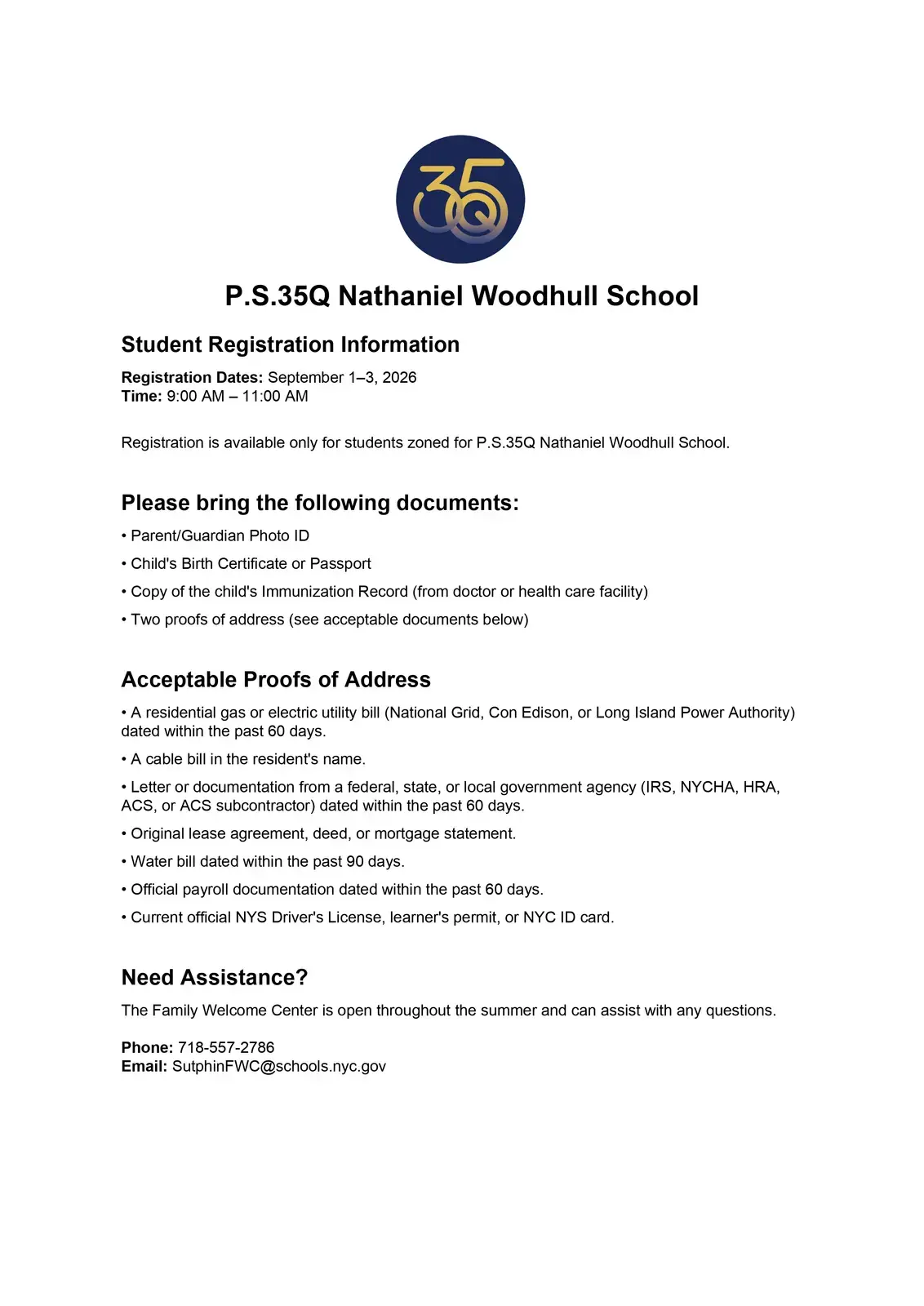 PS 35Q Nathaniel Woodhull School student registration flyer for 2026