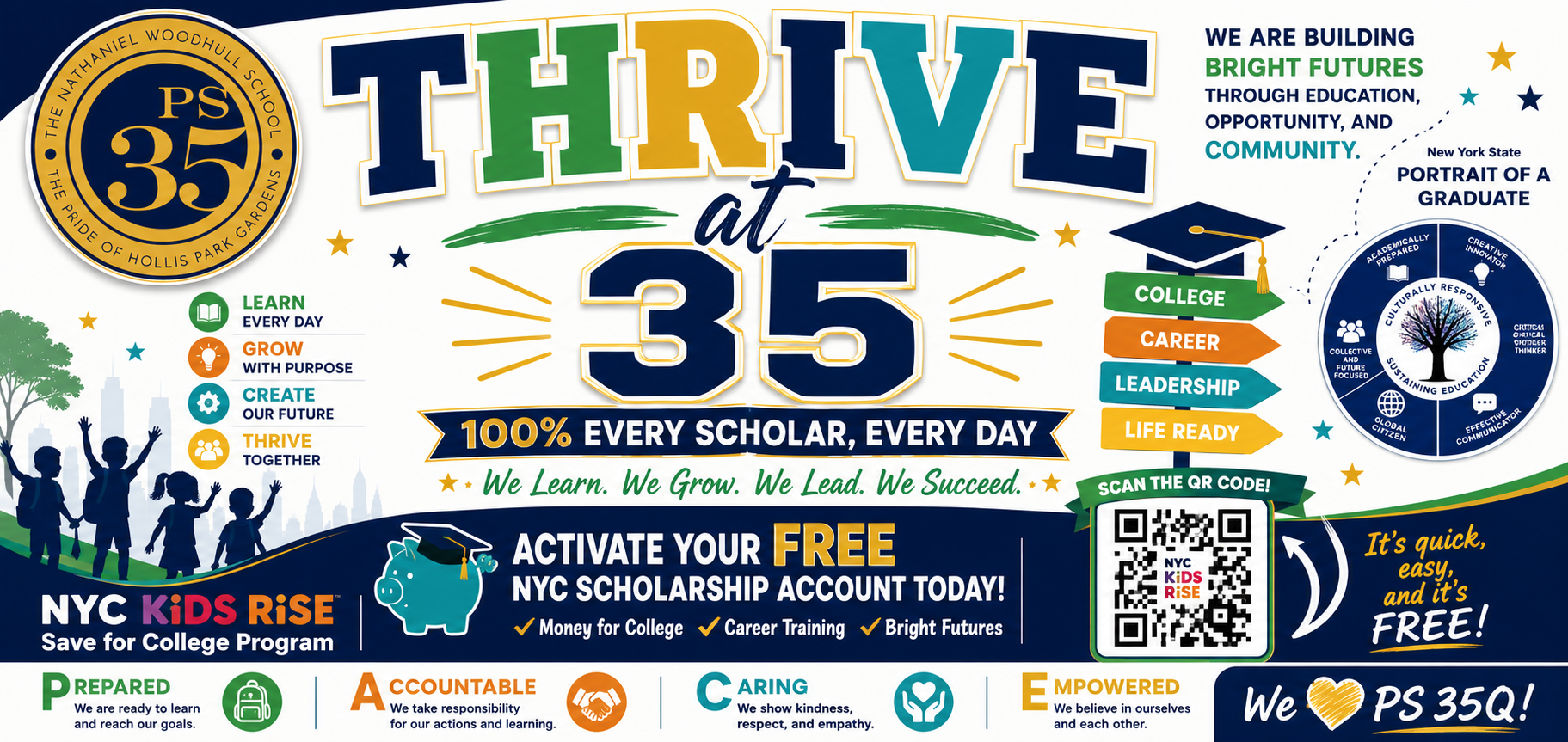 PS 35 Thrive at 35 promotional banner for NYC Kids Rise scholarship program